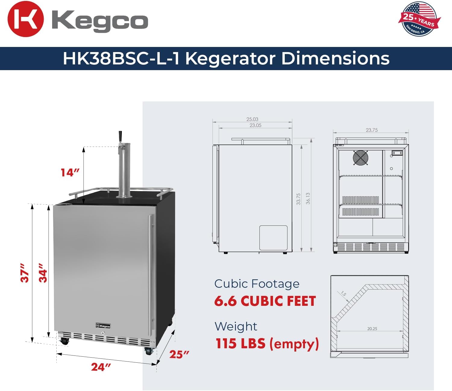 Kegco Kegerator 24" Wide Single Tap Black/Stainless Steel Commercial Beer Dispenser HK38BSC-L-1