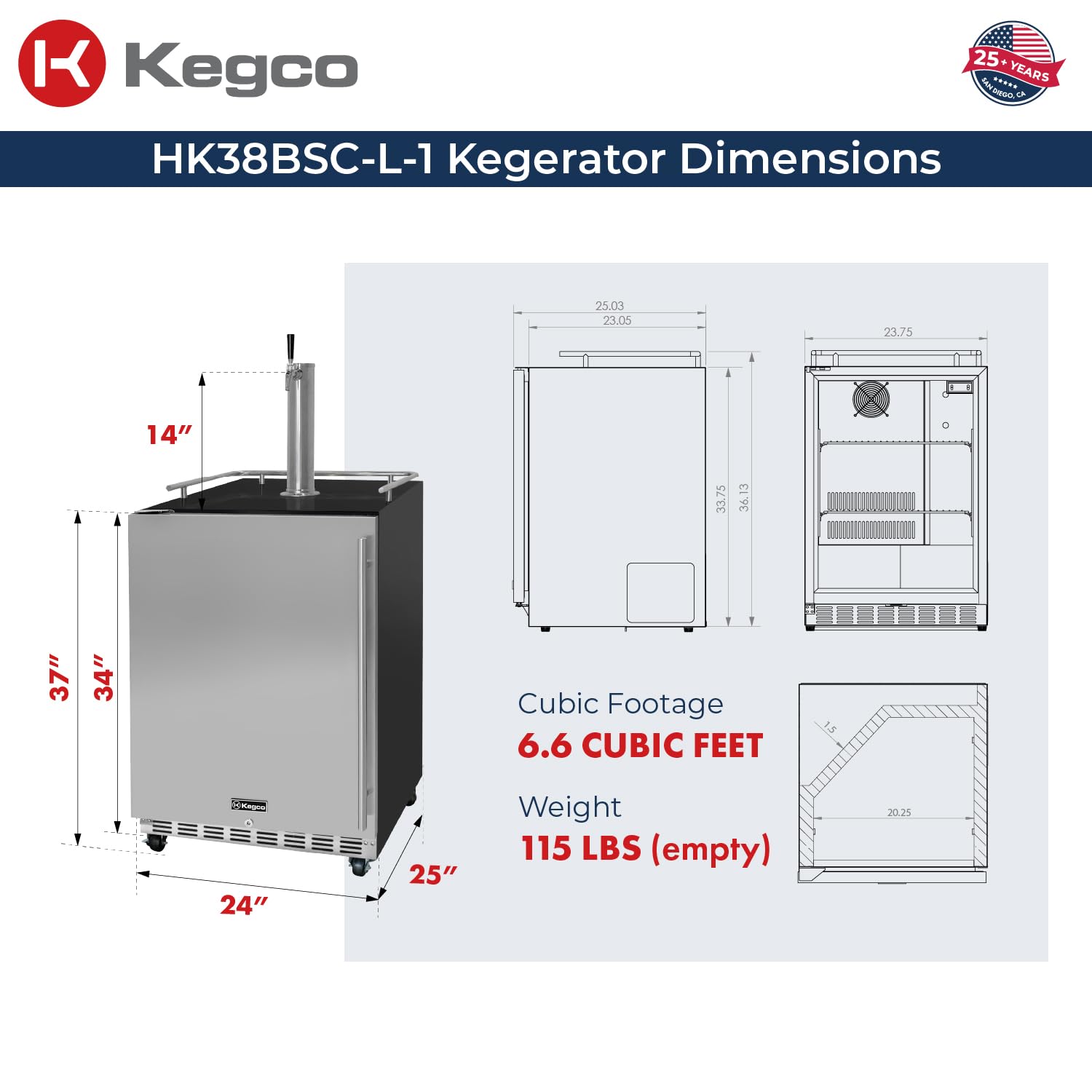 Kegco 24" Wide Single Tap Stainless Steel Commercial Built-In Kegerator With Kit on Fridge.com - View 3