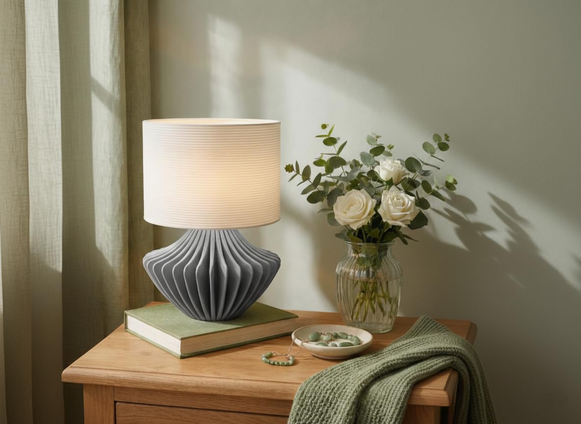 Lamp, Table Lamp, Modern Table Lamp with Pleated Base, Ribbed Polymer Shade, Warm White Light, Contemporary Decorative Bedside Lamp, Green and Beige, Medium Size (Grey)
