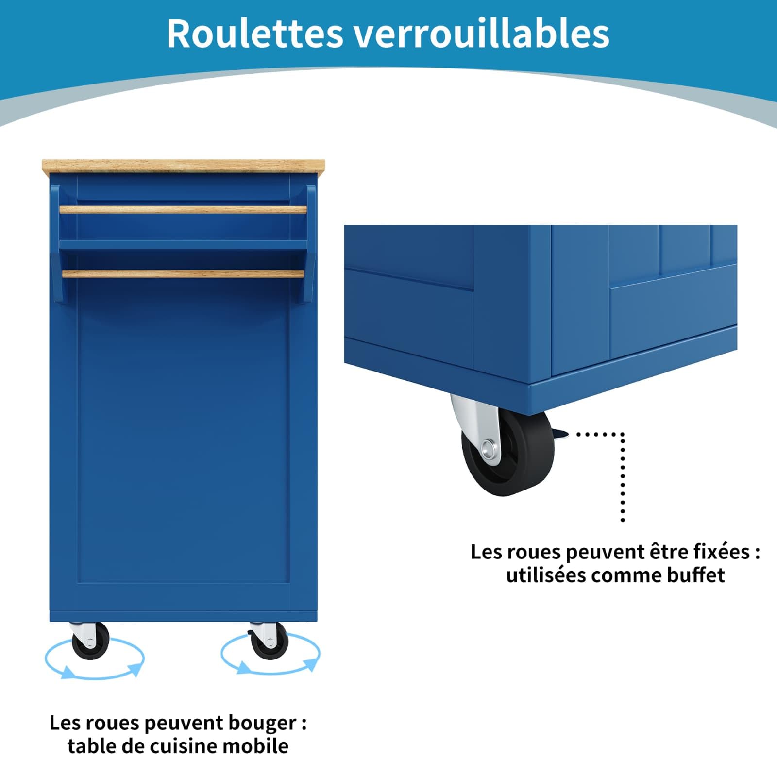 PUGSDRLY Desserte Cuisine avec roulettes,Buffet Cuisine de Rangement avec Un casier à vin,Chariot de Repas,2 Tiroirs et 2 Porte,Espace de Rangement Multifonctionnel (Bleu)