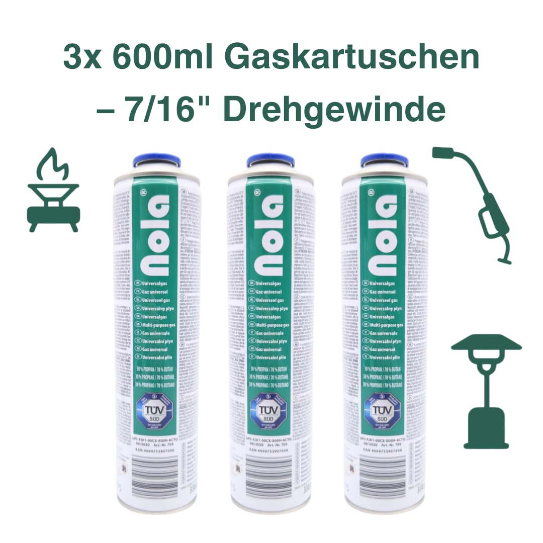 NOLA 3 latas universales de gas a presión, 600 ml, butano y propano, rosca giratoria de 338 g, 7/16 pulgadas, cartucho de gas universal, tapón giratorio para quemador de malas hierbas, dispositivo de