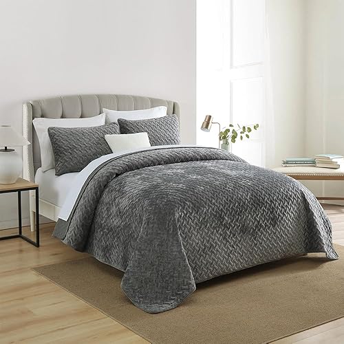 Miniatura 2 de Juego de ropa de cama de terciopelo, lujoso, elegante, ultra suave, colcha acolchada de algodón con patrón de costura para todas las estaciones,