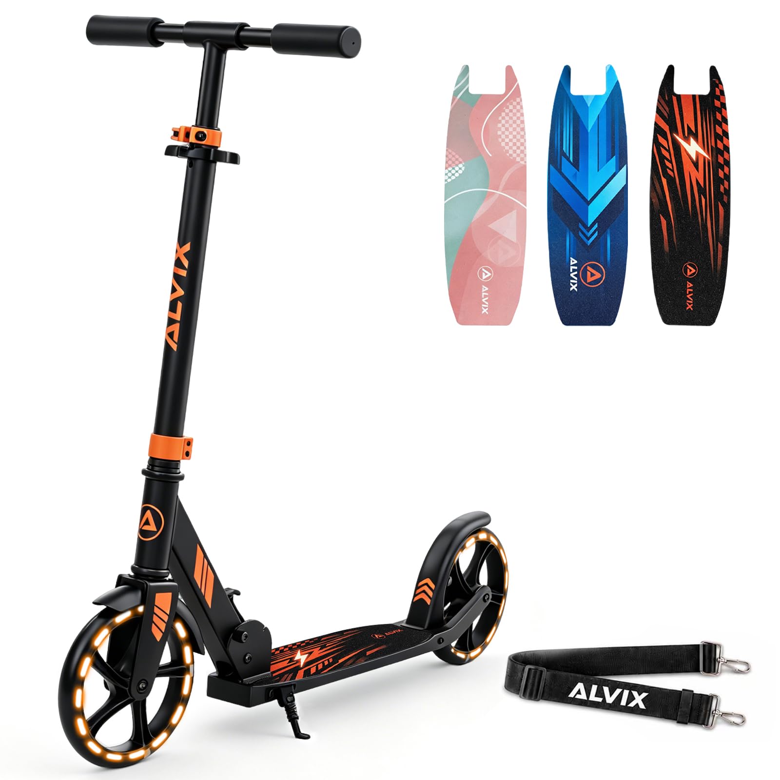 ALVIX Kinder Scooter mit LED-Rädern – Faltbarer Kinderroller 200 mm | Höhenverstellbarer Kickroller ab 6 Jahren, breites Deck, Tragegurt, bis 100 kg belastbar