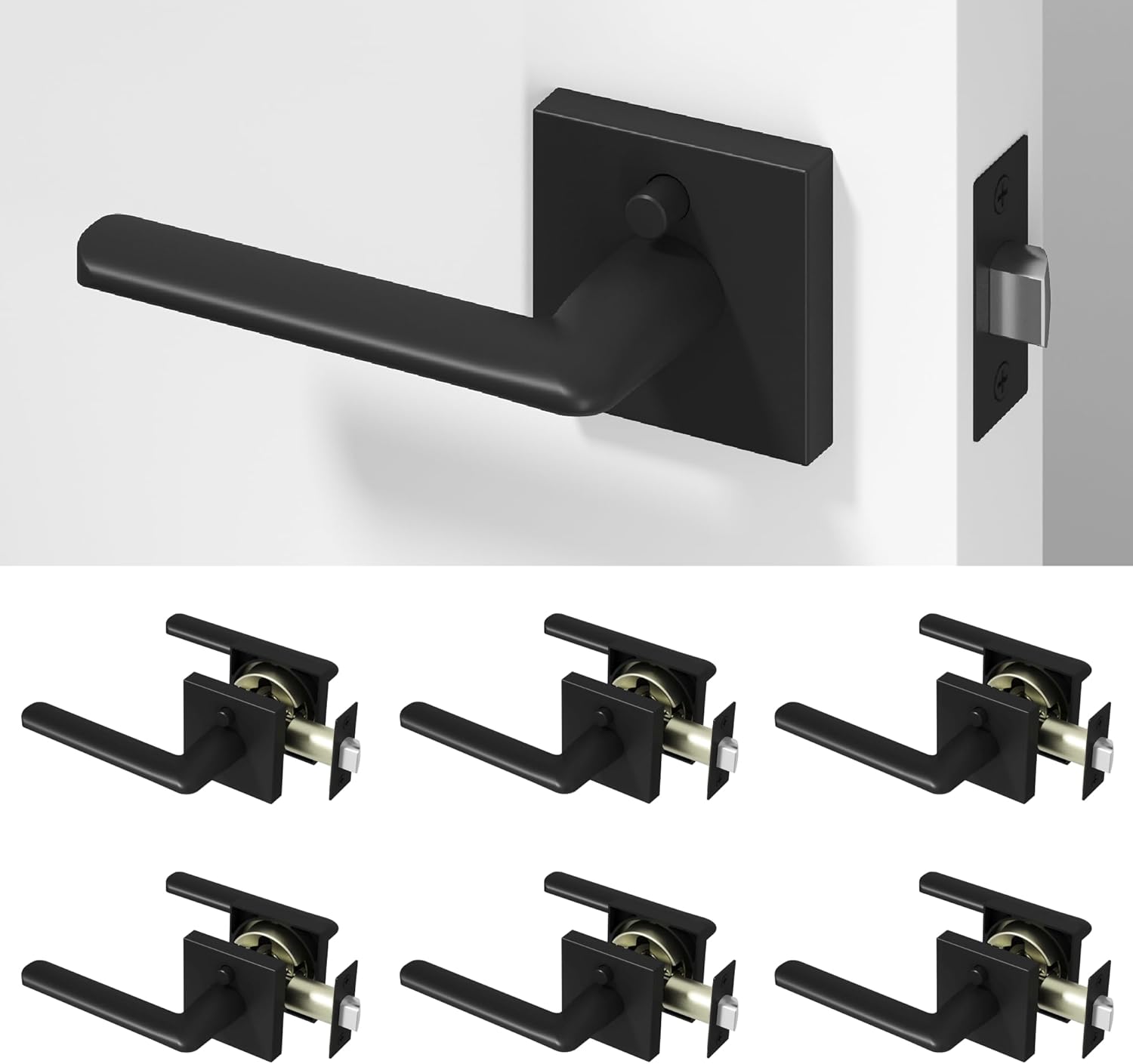 Okun Mirra 6-Pack Matte Black Privacy Door Levers – Push Button Lock, Reversible, Sleek Concealed-Mount Design for Bedroom & Bathroom