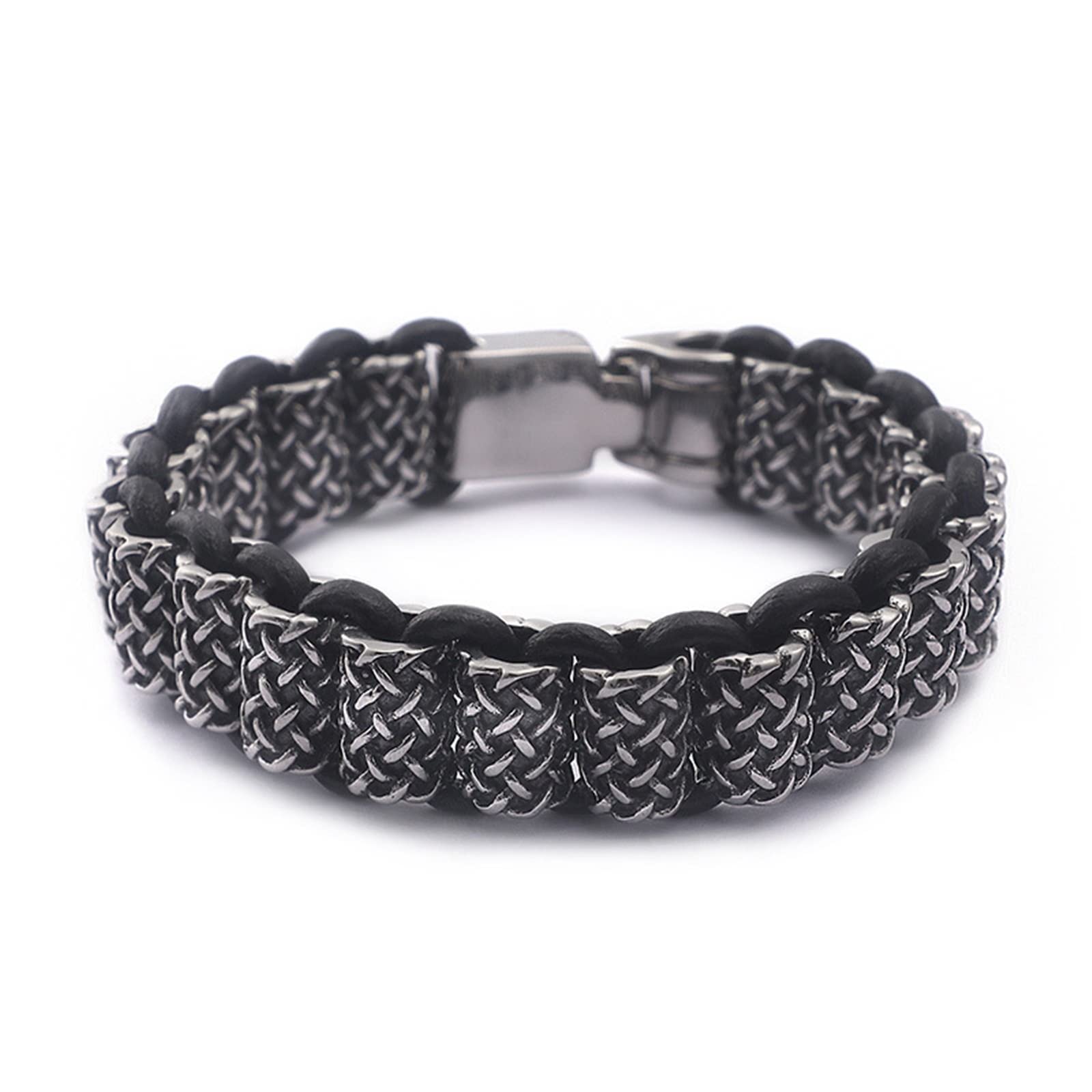 Pulsera de acero inoxidable para hombre, pulsera de cuero de 19 mm, pulsera trenzada retro, 22 cm de longitud, pulsera gótica para hombre, 22, Cuero