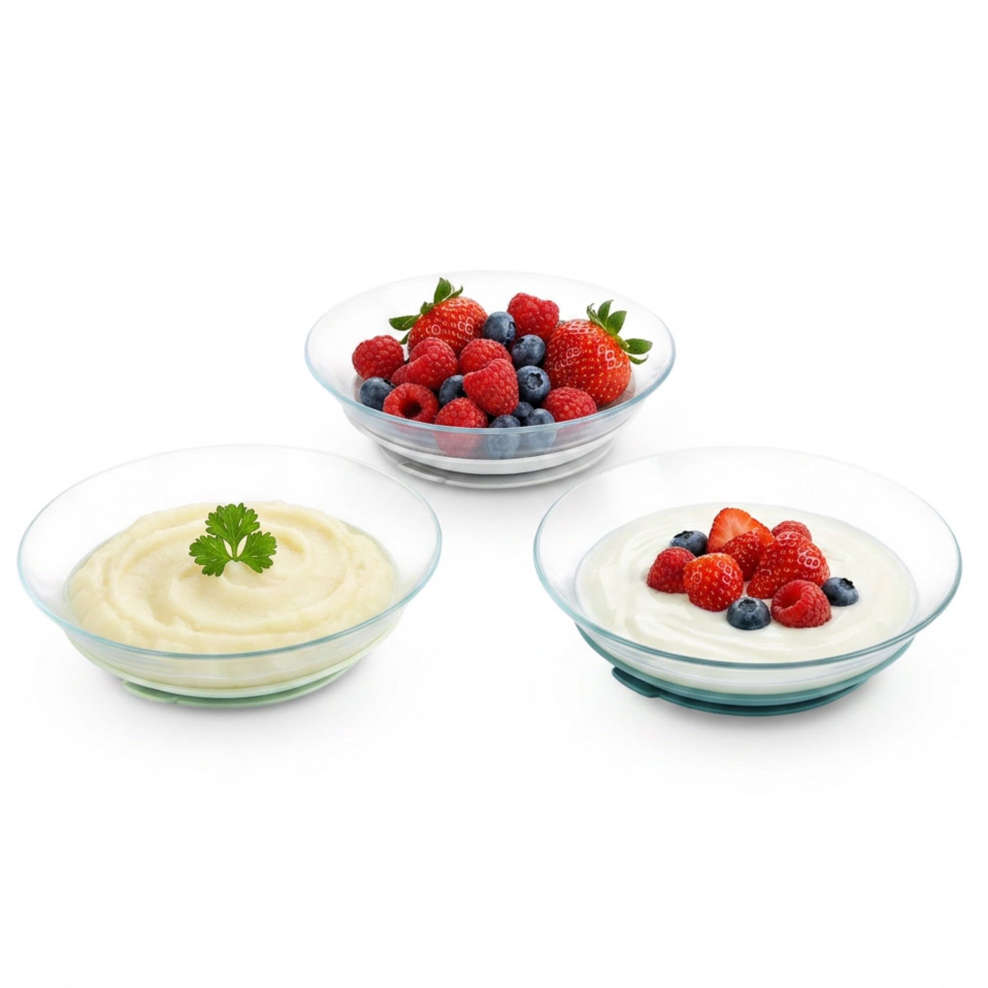 BÉABA x DURALEX, Set Bebé y Niño, 3 Platos de Vidrio Templado con Ventosas, Resistente, Saludable, Duradero y Fabricado en Francia, Misty Green