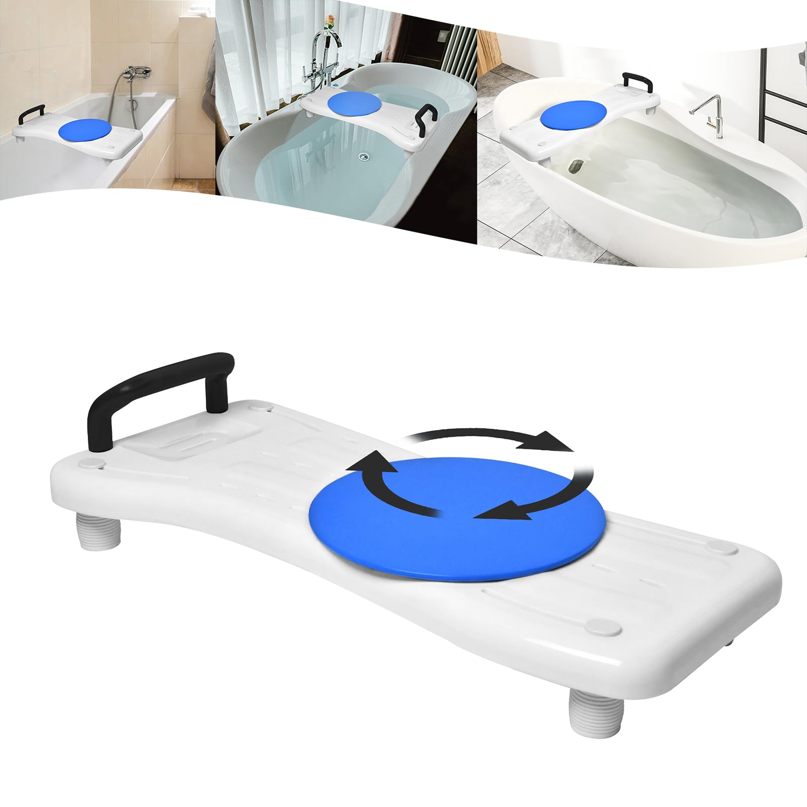 Badewannenbrett Badewannensitz Senioren mit 360º Drehscheibe und Schwarz Griff, Einstellbar Wannensitz PP-Material Sitzbrett für Badewanne mit Seifenablage für Erwachsene bis 150kg