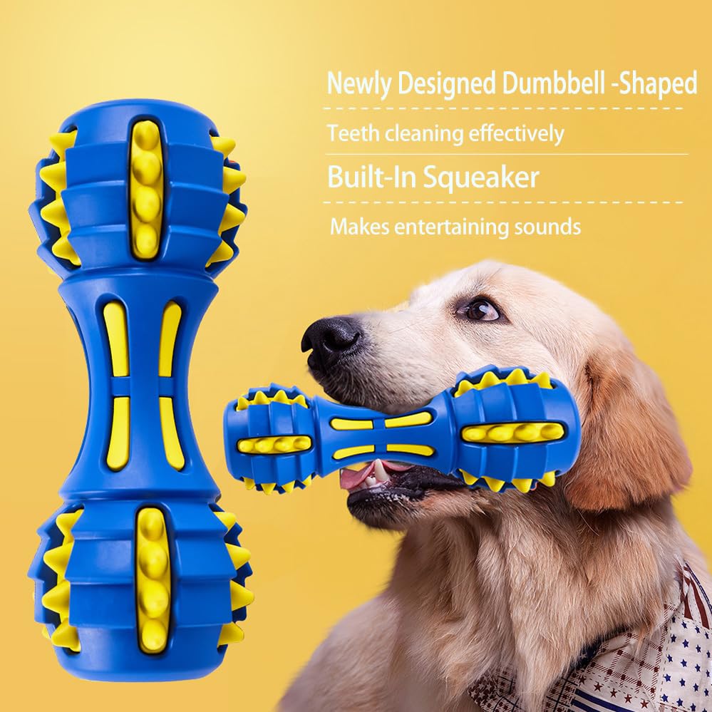 AUSCAT Teething Dog Toys, Durable Squeaky Dog Toys, Rubber Chew Toys for Dogs Dumbbell Shape, Blue - Image 2