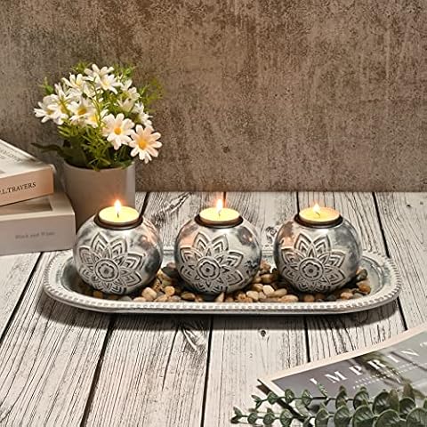 Yorkmills Candle Holder Set with Wooden Tray, Tealight Holders Vintage Candlestick Holder, Gifts for Table Centerpiece Home Decor Living Room Bedroom Decoration Wedding Birthday Christmas Party Cover