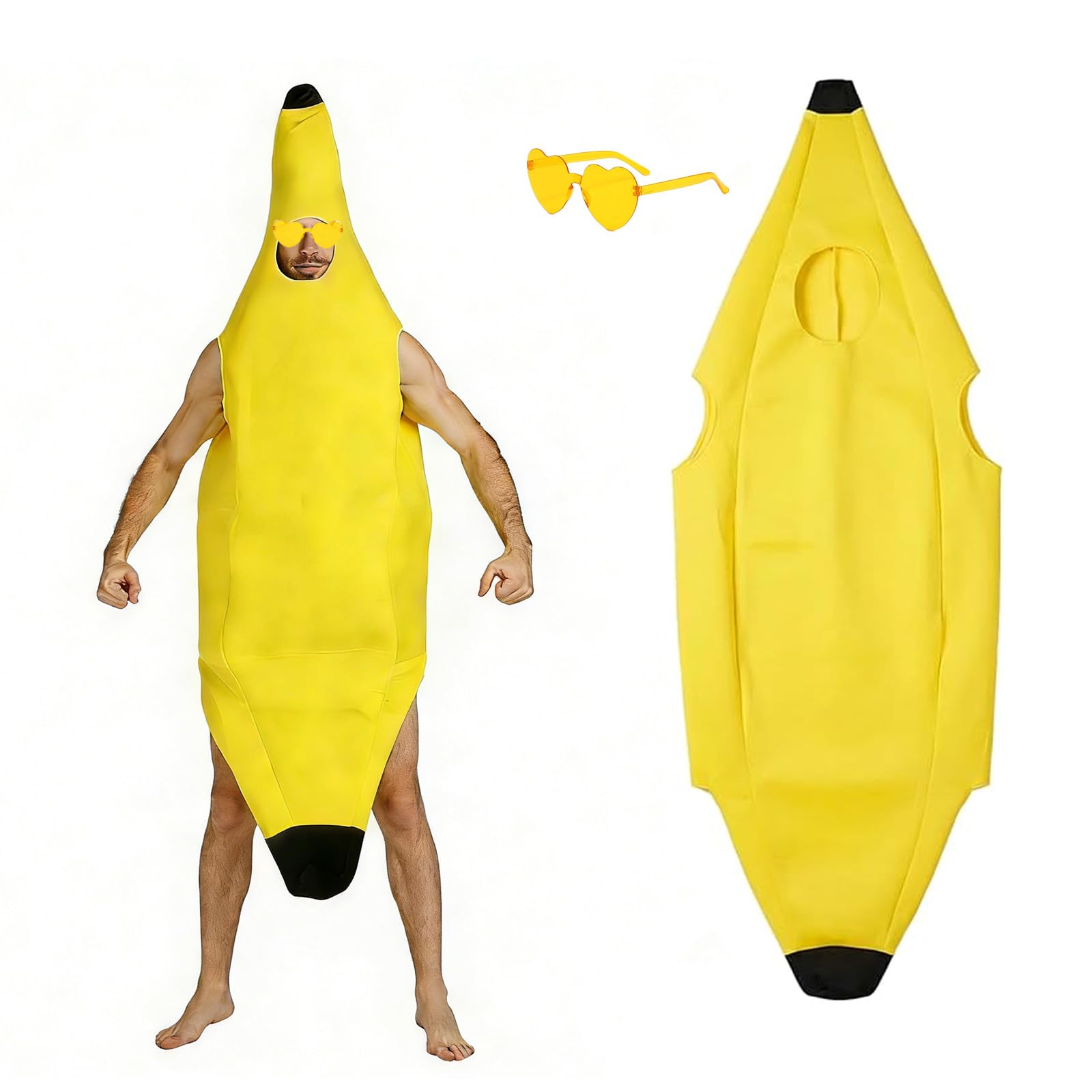 WanderGo Adult Banana Costume Fancy Dress Outfit, Yellow Banana Jumpsuit with Yellow Glasses
