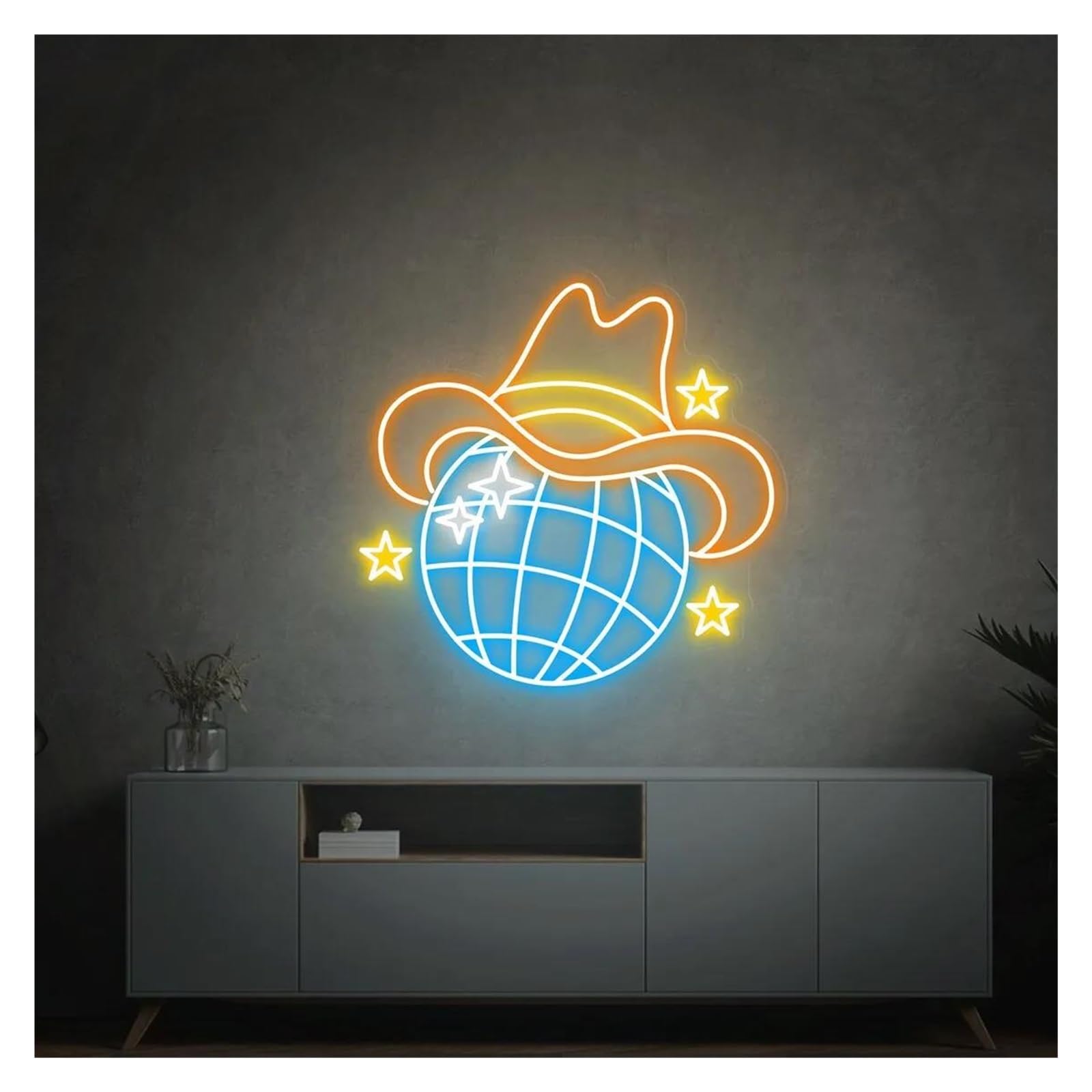 LEMST Signs Lamp Retro Disco Ball Neon Signs USB Powered, Adjustable Brightness Neon Lights Cowboy Hat Suitable for Shop Decor Commercial Light(C,50cmx50cm)