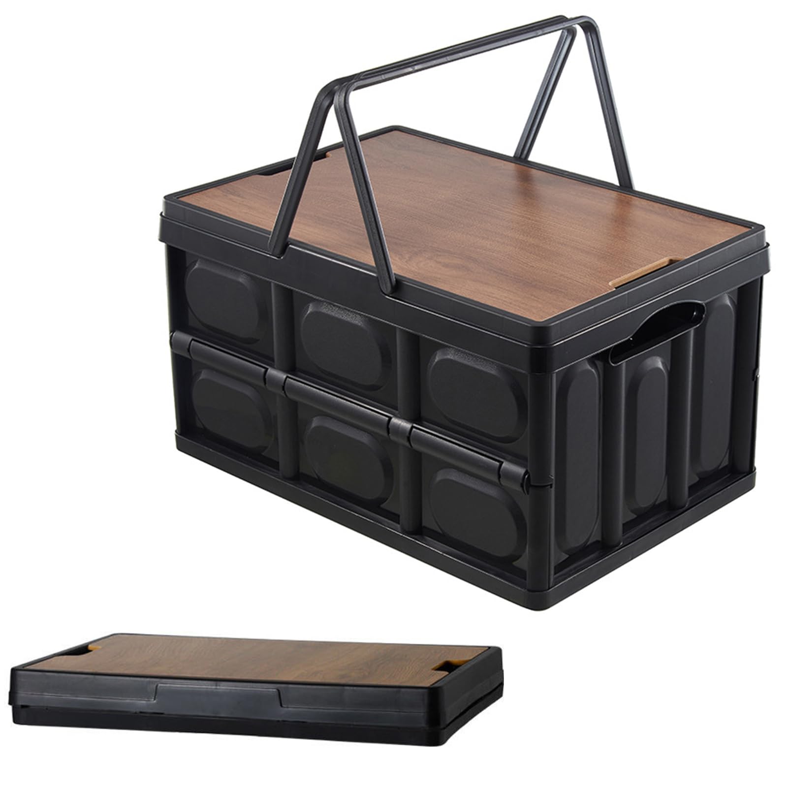 Beauenty Foldable Storage Box, 55L Multifunctional Outdoor Stackable Bins, Stackable Crates With Wood Lid, for Camping, BBQ, Beach, Camping Picnic Car (Style 2)