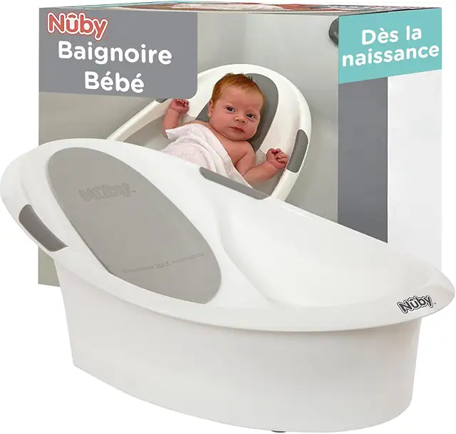 Baignoire Bébé Nuby avec Support Antidérapant et Appui-Tête Souple - Blanc & Gris