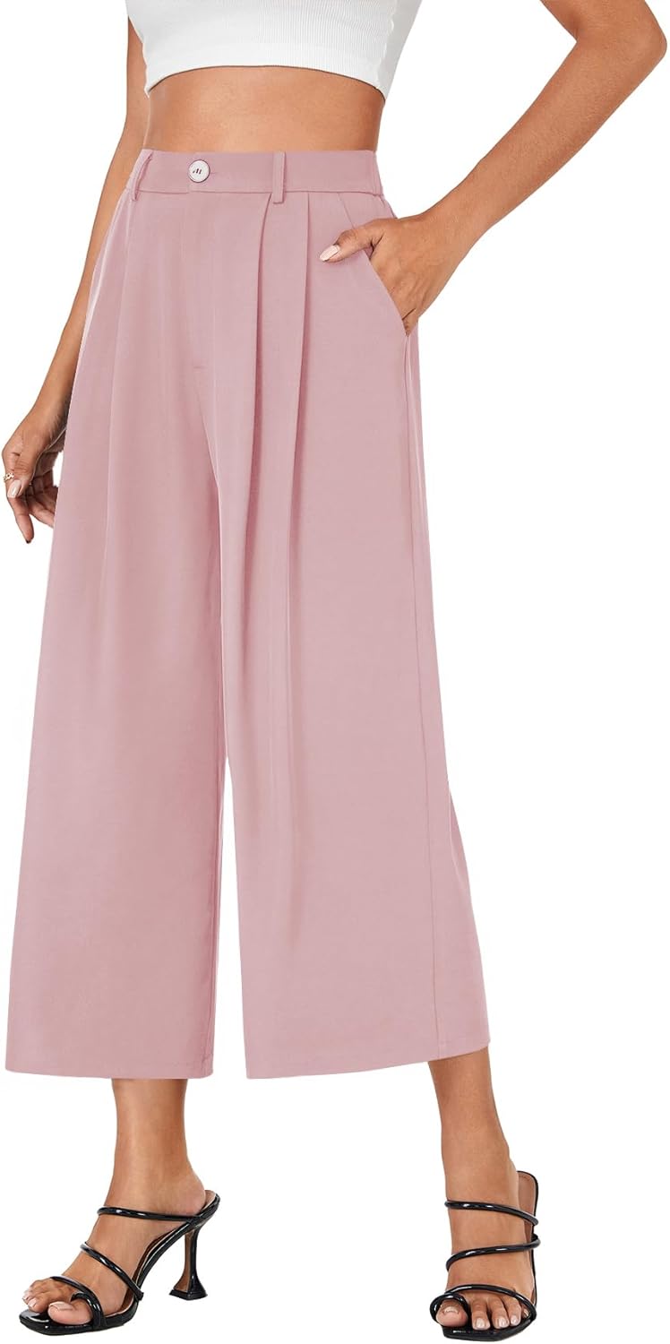 Vrtige Women's High Waist Pleated Wide Leg Cropped Trousers Pants with Pocket