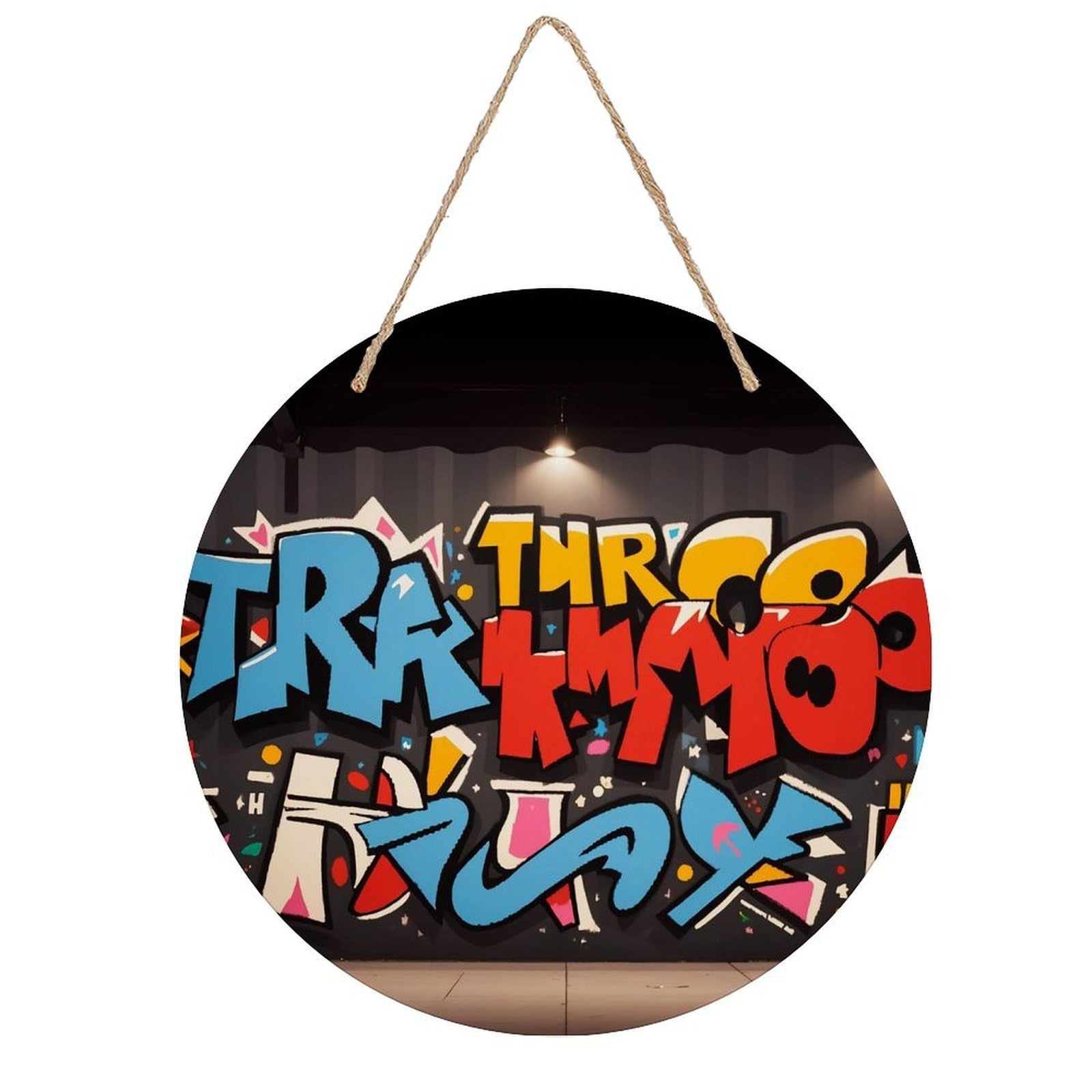 FekiLoot Graffiti Hip Hop Wall Art Decor Round Wood Hanging Sign Decoration Wooden Circle Door Sign Round Hanging Decorative Wood Plaque Door Hanger for Home Outdoor Indoor Decoration