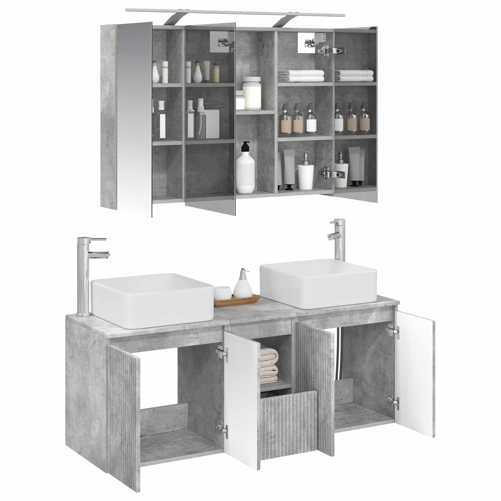 Set di 4 armadietti da bagno, 100 x 14,5 x 70 cm, in legno, montaggio a parete, vano portaoggetti, illuminazione a specchio, mobili da bagno per bagno moderno