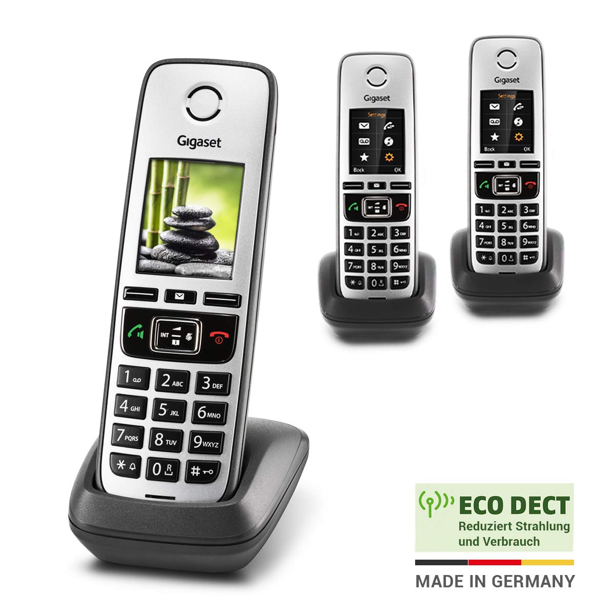 Gigaset Family - 3 DECT-Telefone schnurlos für Router - Fritzbox, Speedport kompatibel - großes Farbdisplay - Trio-Set, anthrazit-grau