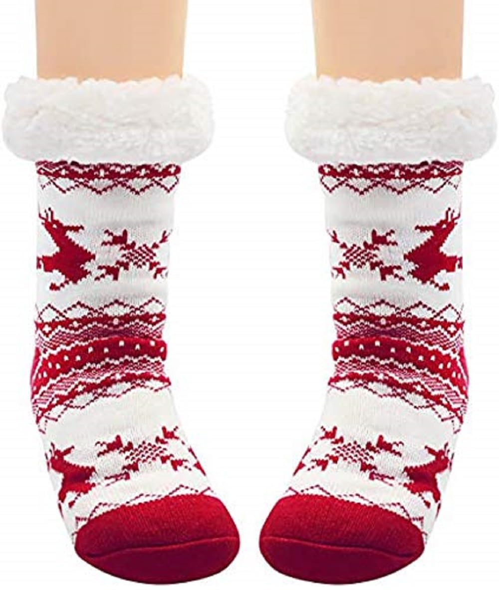 Boy's|Girl's Winter Snowflake Fleece Lining Knit Thick Warm Christmas Slipper Socks Pack Of 1 (RED512)