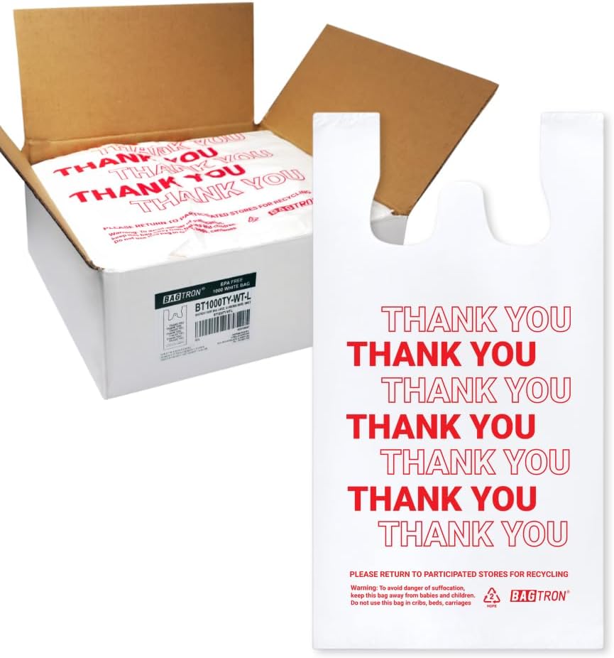 Bagtron Thank You T-Shirt Carry-Out Bags, Disposable Plastic Bags with Handles for Shopping and Restaurant, 1/6 Barrel, 0.49 Mils, White/Red, 12" x 7" x 22" Large, 1000 Count