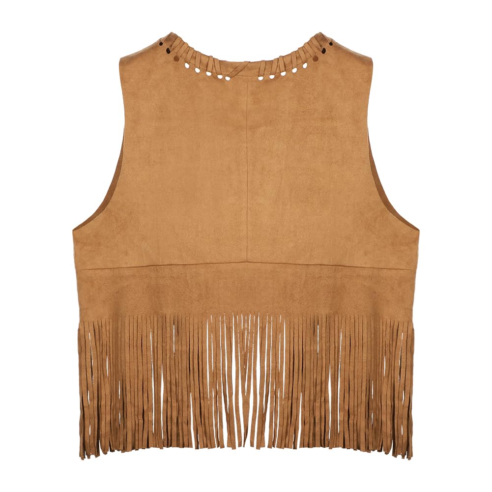 Women Cowboy Hat Tassel Vest Cowgirl Costume Set Fringe Vest Cowgirl Hat 60s 70s Hippie Costume Clothes Faux Suede Open Front Sleeveless Waistcoat Jacket for Hippie Disco Carnival Halloween Party - Image 3