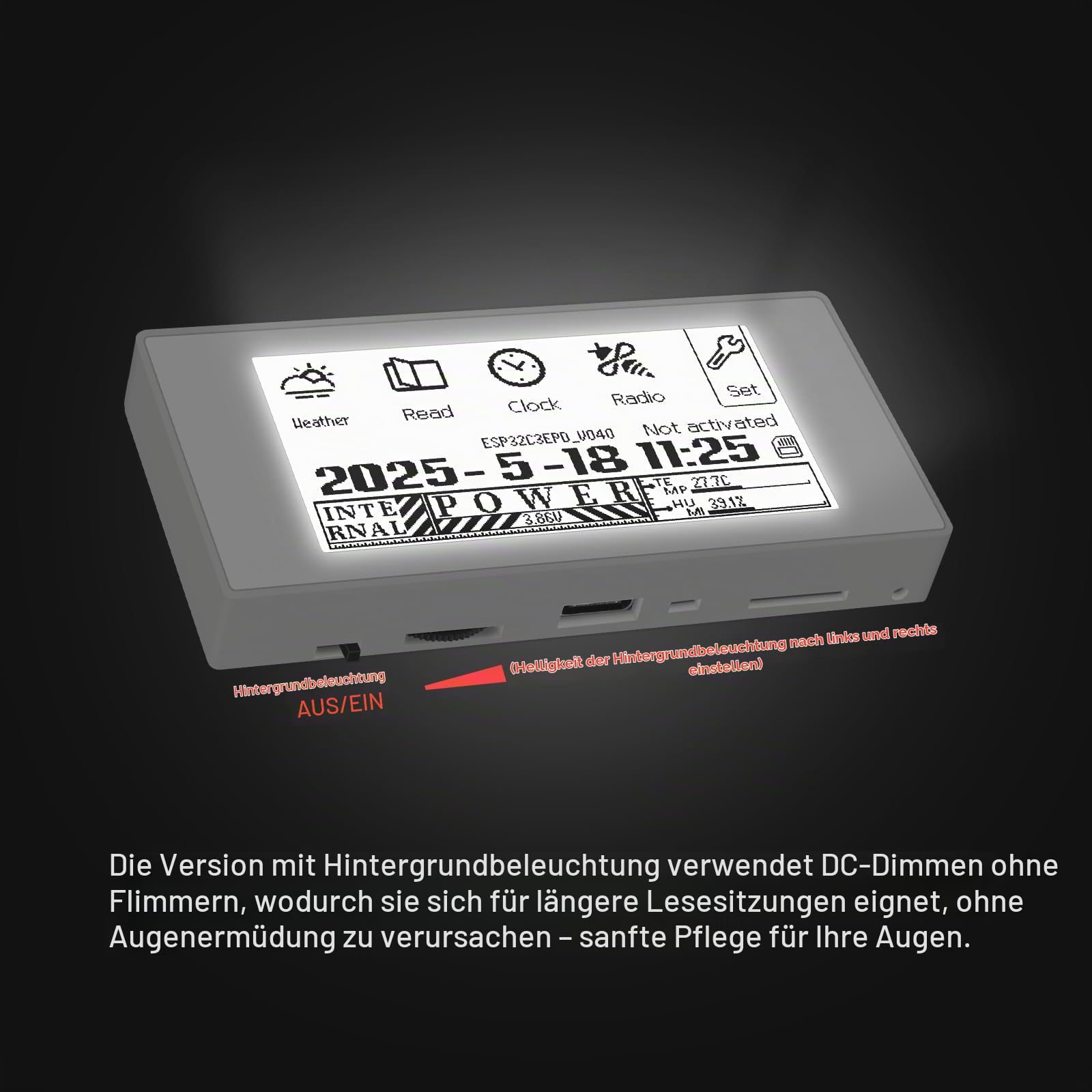 Mini-E-Book-Reader, 6,6 cm (2,66 Zoll), Tintenbildschirm, E-Reader-Geräte, Hintergrundbeleuchtung, für Wetteruhr, Bildbetrachtung von TXT- und EPUB-Dateien mit Hintergrundbeleuchtung (weißes Panel)