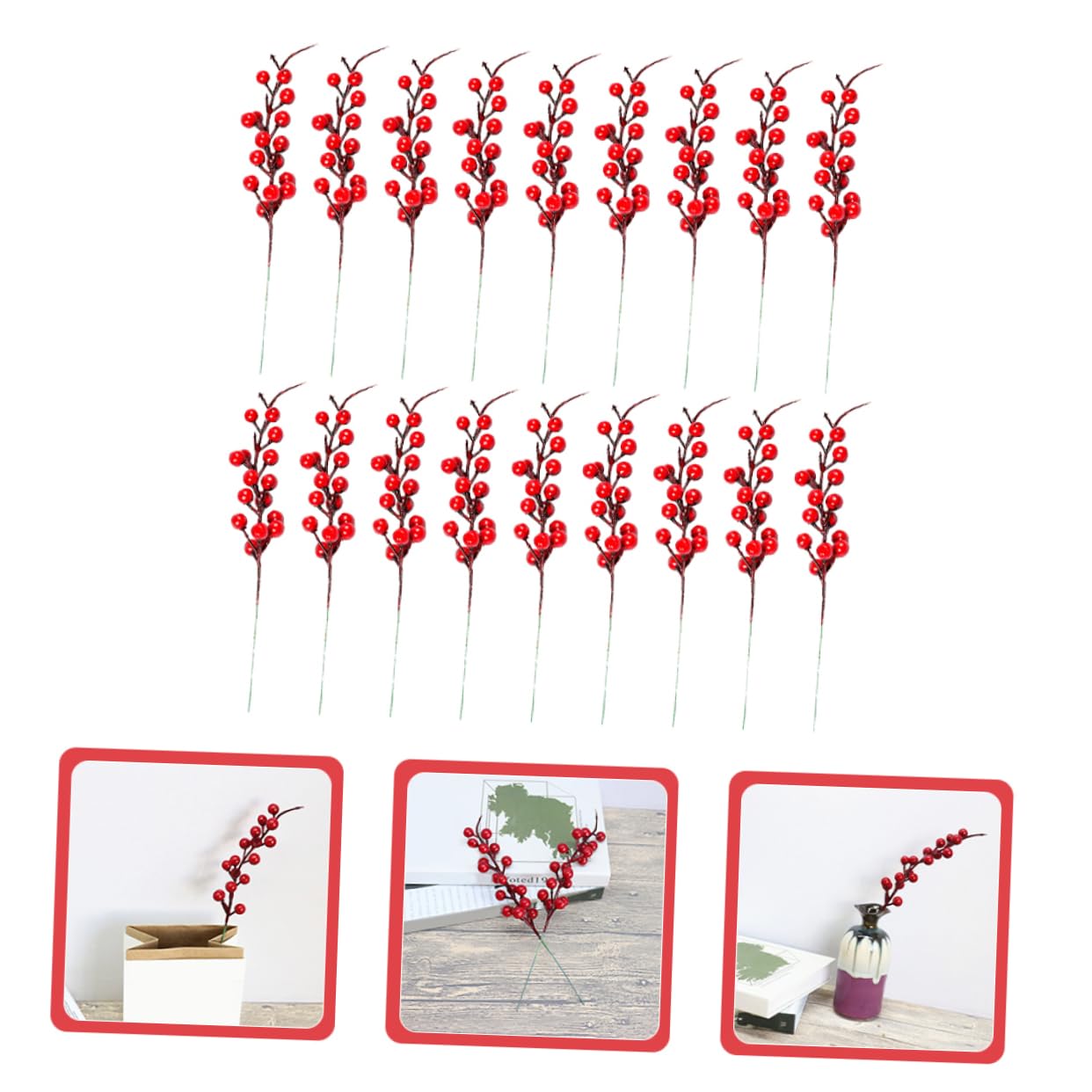 MAGICLULU 20pezzi Rametti Bacche Rosse Artificiali Steli di Bacche Finte per Ghiande Natalizie Decorazioni Fai da Te Materiale Plastico e Naturale