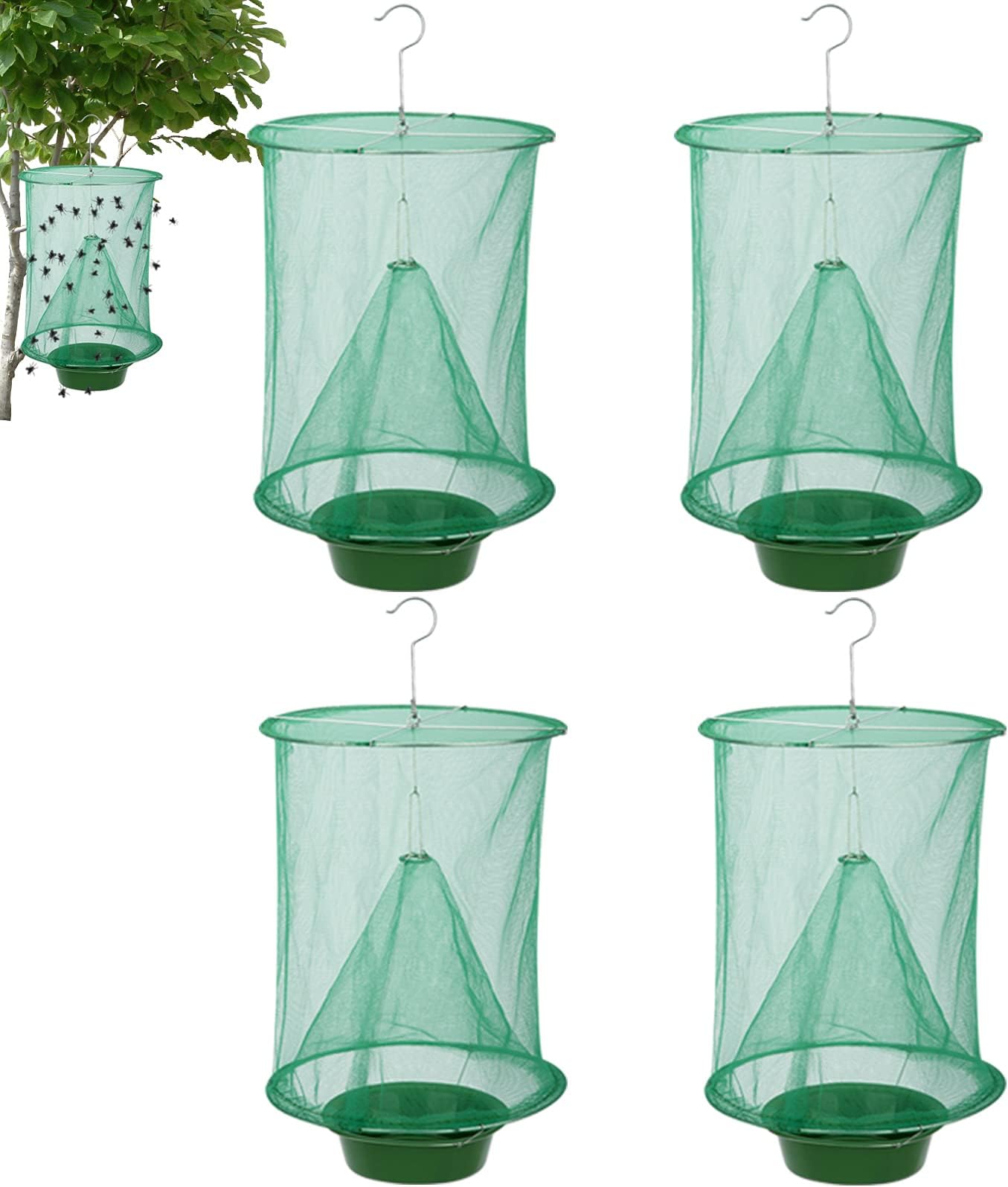 Ranch Fly Trap - Reusable Fly Trap with Bait Tray,The Most Effective Flay Catcher Cage for Indoor Outdoor Hanging Family Farms,Garden,Orchard,Park, Restaurants (4 Pack)