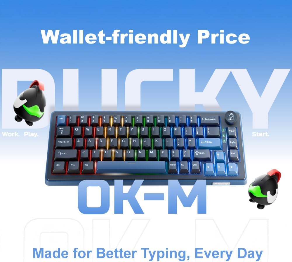 Ducky OK-M - 65% Wireless Mechanical Gaming Keyboard : Gasket-Mount Design, Hot-Swappable Switches, Five-Layer Acoustic Dampening, RGB, USB-C, 2.4Ghz, Bluetooth, Baby Switch