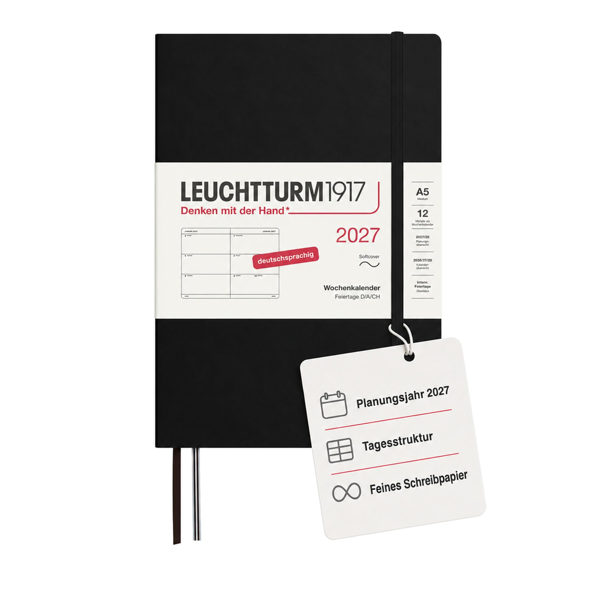 LEUCHTTURM1917 Weekly Planner 2027 Medium (A5) - German, Black, Soft Cover, 145 x 210 mm, 12 Months - January-December 2027, 1 Week per Double Page, 80 g/m² Paper with High Ink Compatibility — image 1
