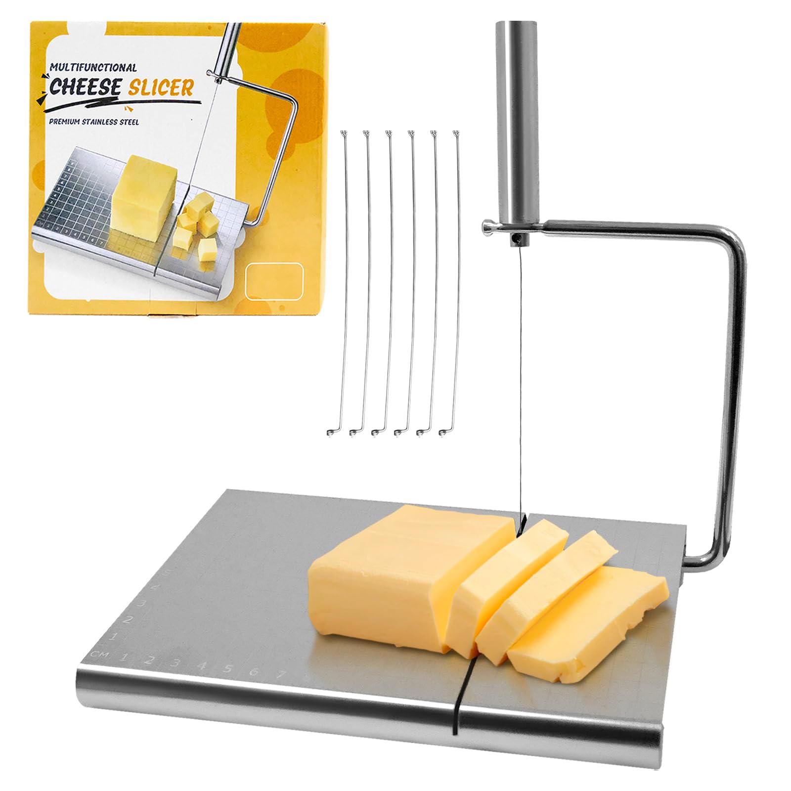 TULEBOLIAN Stainless Steel Wire Cheese Slicer,6 Replaceable Wire, with Scale Cheese Slicers Board, for Block Cheese,Sausages,Butter Cutter Food Slicer