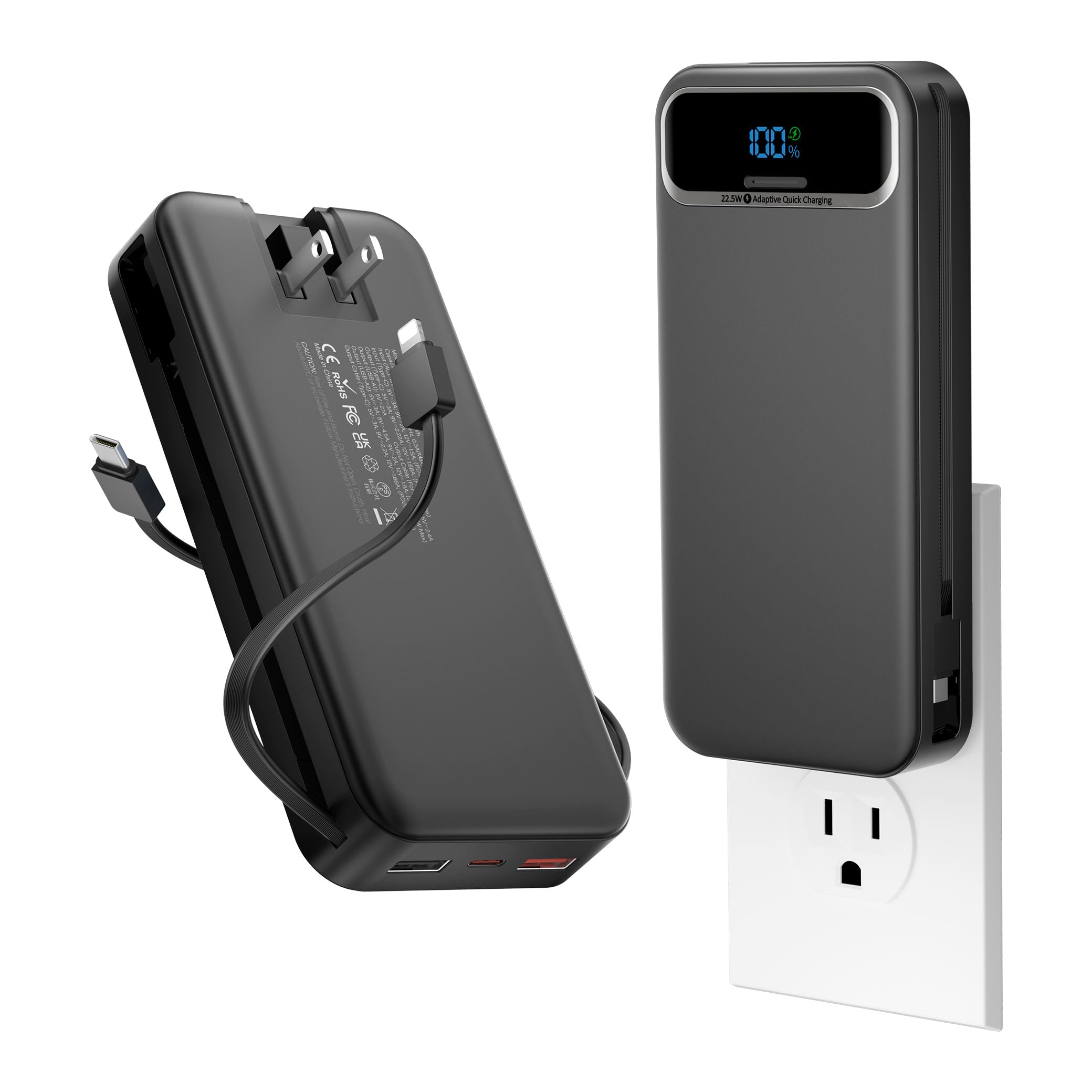 20000mAh Lightweight Portable Charger with Built-in Cables and AC Wall Plug | PD20W Fast Charging,Travel Essential,TSA Approved,LED Display,All in One USB C Power Bank...