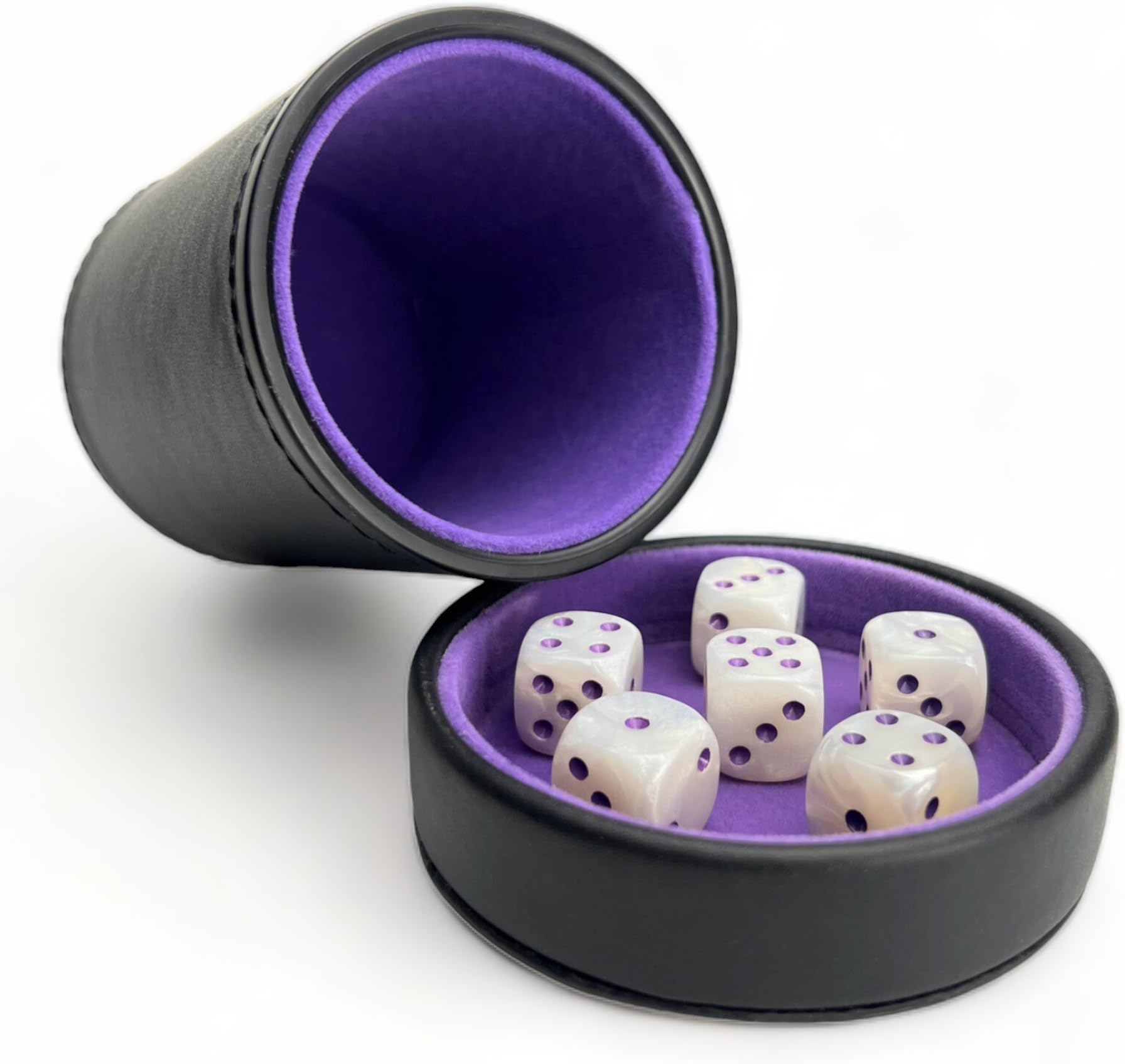 Luck Lab Leather Dice Cup with Lid Including 6 Matching White Pearl and Purple Dice - Purple Velvet Interior for Quiet Shaking - Use for Liars Dice Farkle Yahtzee Board Games, Black
