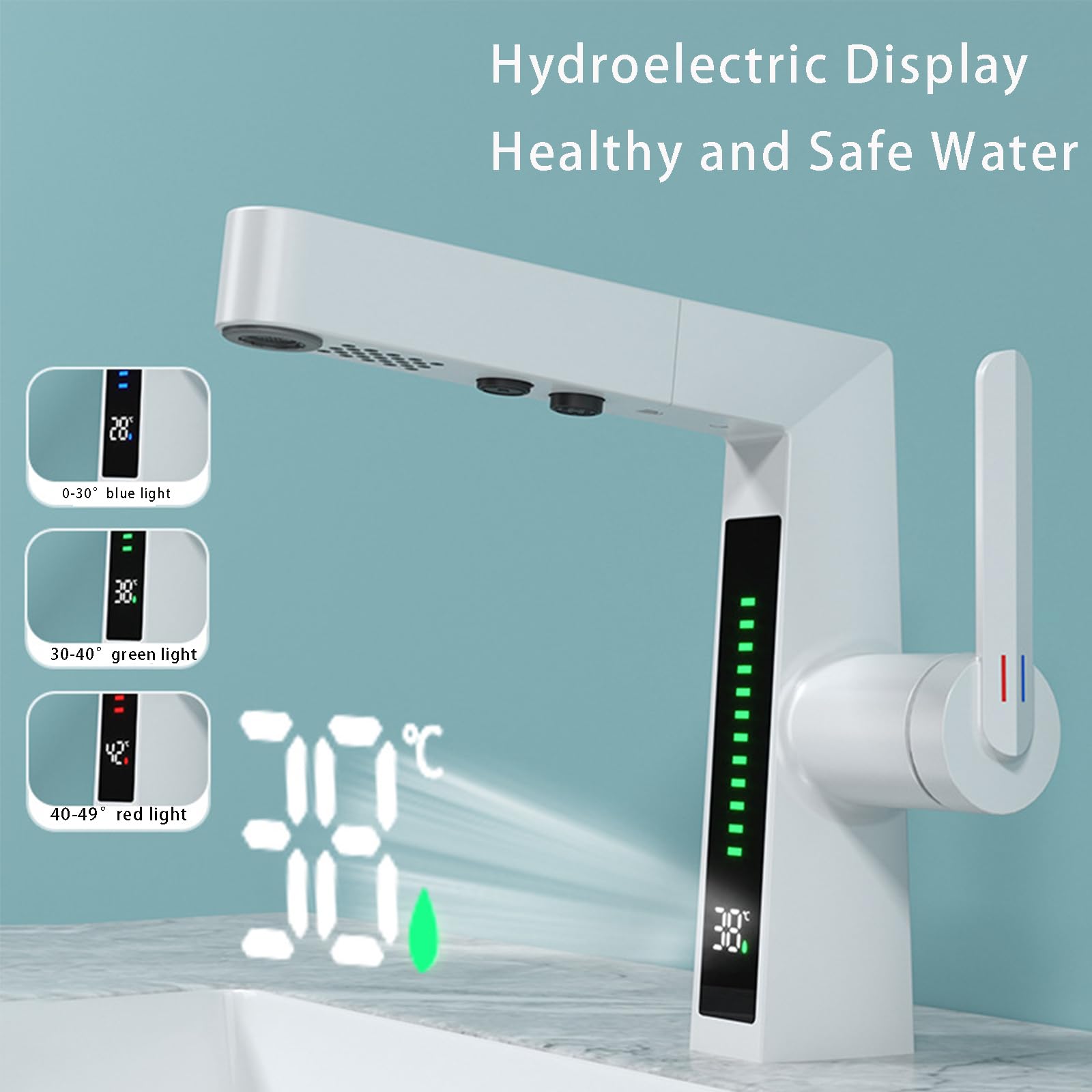 Bateria do umywalki LED, bateria łazienkowa z wyciąganą wylewką, cyfrowy wyświetlacz temperatury, mosiężna bateria umywalkowa z 2 trybami natrysku, pojedynczy uchwyt