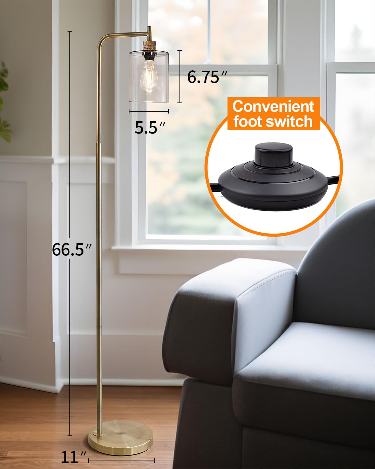 Oneach 66.5 '' Industrial Floor Lamp for Living Room Modern Standing Lamps with Hanging Clear Glass Shade Reading Tall Pole Lamp for Bedroom Office Study Room AB Antique Brass(Bulb Included)