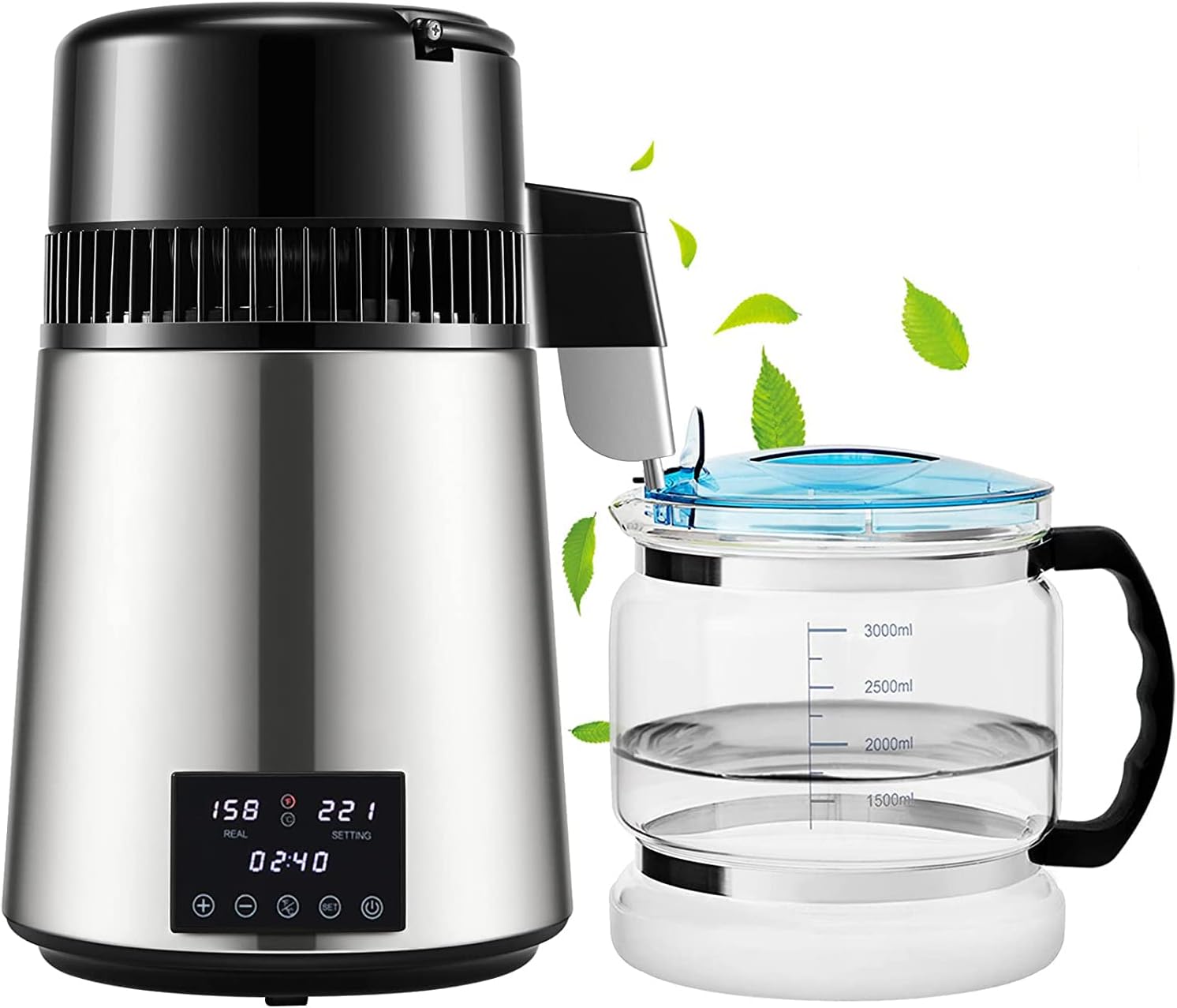 V2COM Water Distiller, 4L Pure Distilled Maker With Dual Temperature Displays, 750W Machine for Home Countertop, Glass Container, Silver
