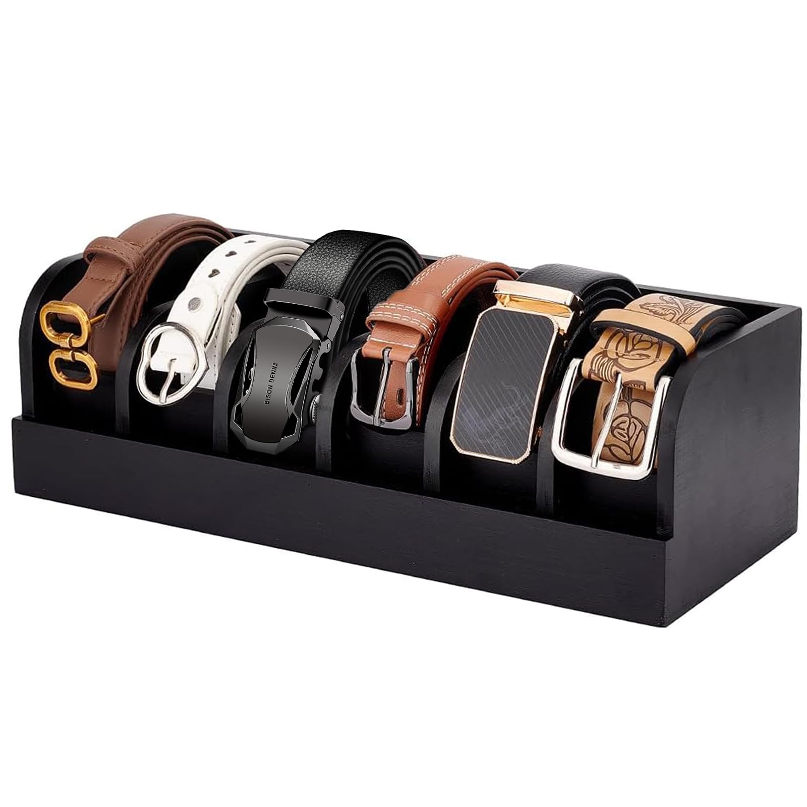 Cinturón de almacenamiento, organizador de cinturón de 6 compartimentos, vitrina de bambú para armario y cajón, organizador de cinturón para hombre y mujer para accesorios, relojes (negro)