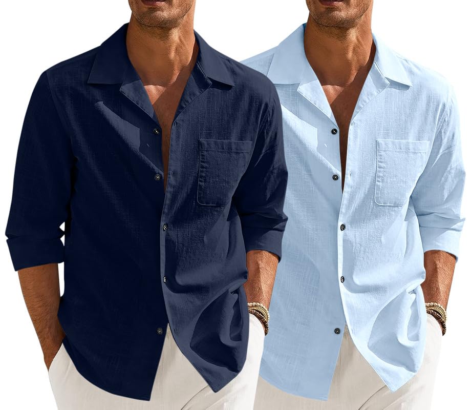 Image of Combo of Men's Casual Cotton Blend Shirt || Long Sleeve Button Down with Spread Collar | Lightweight Breathable Fabric | Stylish Solid Shirt for Beach, Office & Everyday Wear Pack of 2