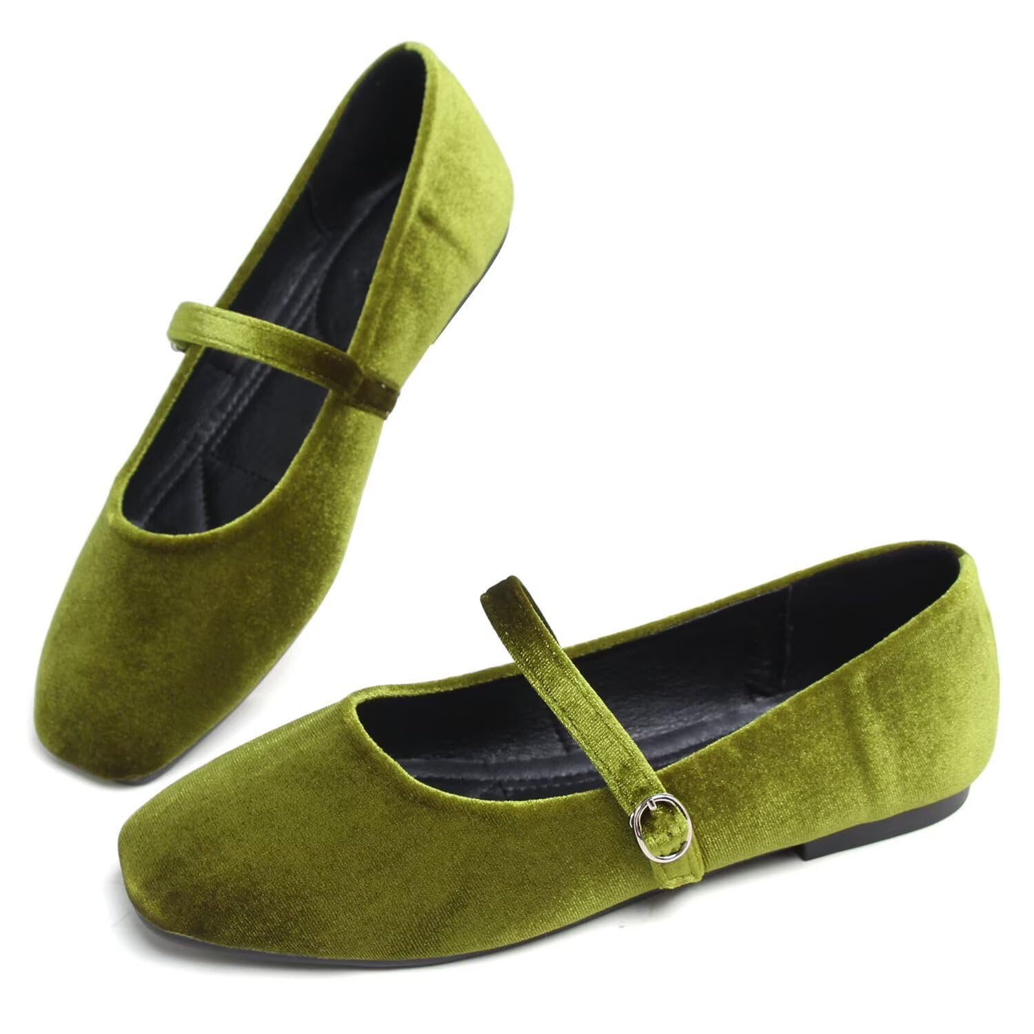 Hee grand Velvet Mary Jane Flats for Women Dressy Comfortable Square Toe Ballet Flats with Buckle Strap Retro Mary Jane Shoes