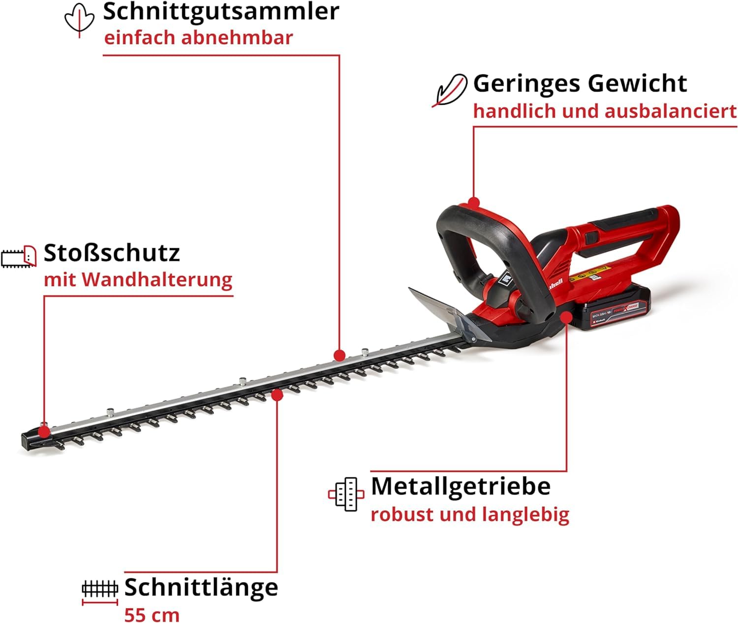 Einhell Akku-Heckenschere GC-CH 1855/1 Li Kit Power X-Change (18 V, 55 cm Schnittlänge, 18 mm Zahnabstand, drehbarer Handgriff, Schnittgutsammler, inkl. 2,5 Ah Akku & Ladegerät)