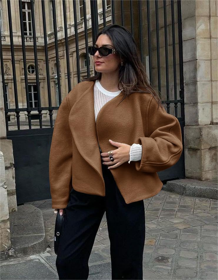 Tankaneo Womens Oversized Cropped Pea Coat Lapel Open Front Jacket Winter Short Outerwear - Image 2