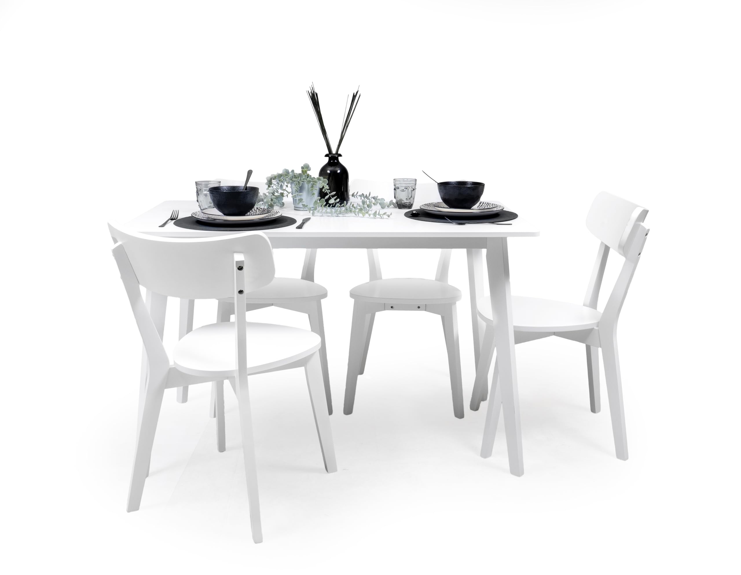 Homely® | Conjunto de Comedor Cody con Mesa Rectangular 120x70 cm. y 4 Sillas, | Madera lacada Blanco | Estilo Nórdico-Escandinavo | Madera Maciza y MDF | Pack de Mesa y sillas Informal y económico