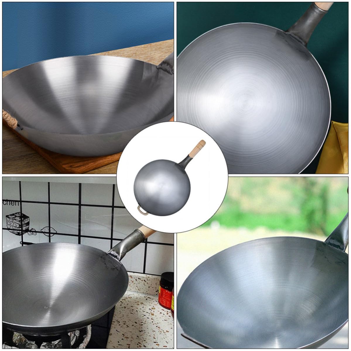 Padella Wok in Ferro Spesso Manico in Legno per Cucina