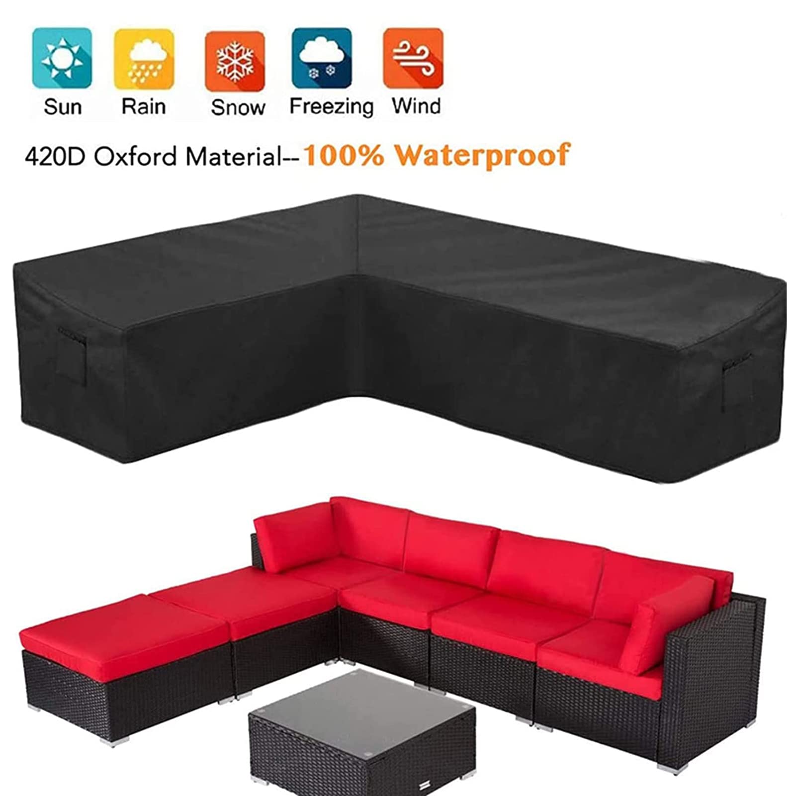 Futrzany pokrowiec ochronny, wodoodporna sofa narożna L(V) S, pokrowiec 420D, tkanina wołu, rattanowy pokrowiec ochronny na patio, uniwersalny, do użytku na zewnątrz (czarny, 300 x 300 x 98 x 70 cm)
