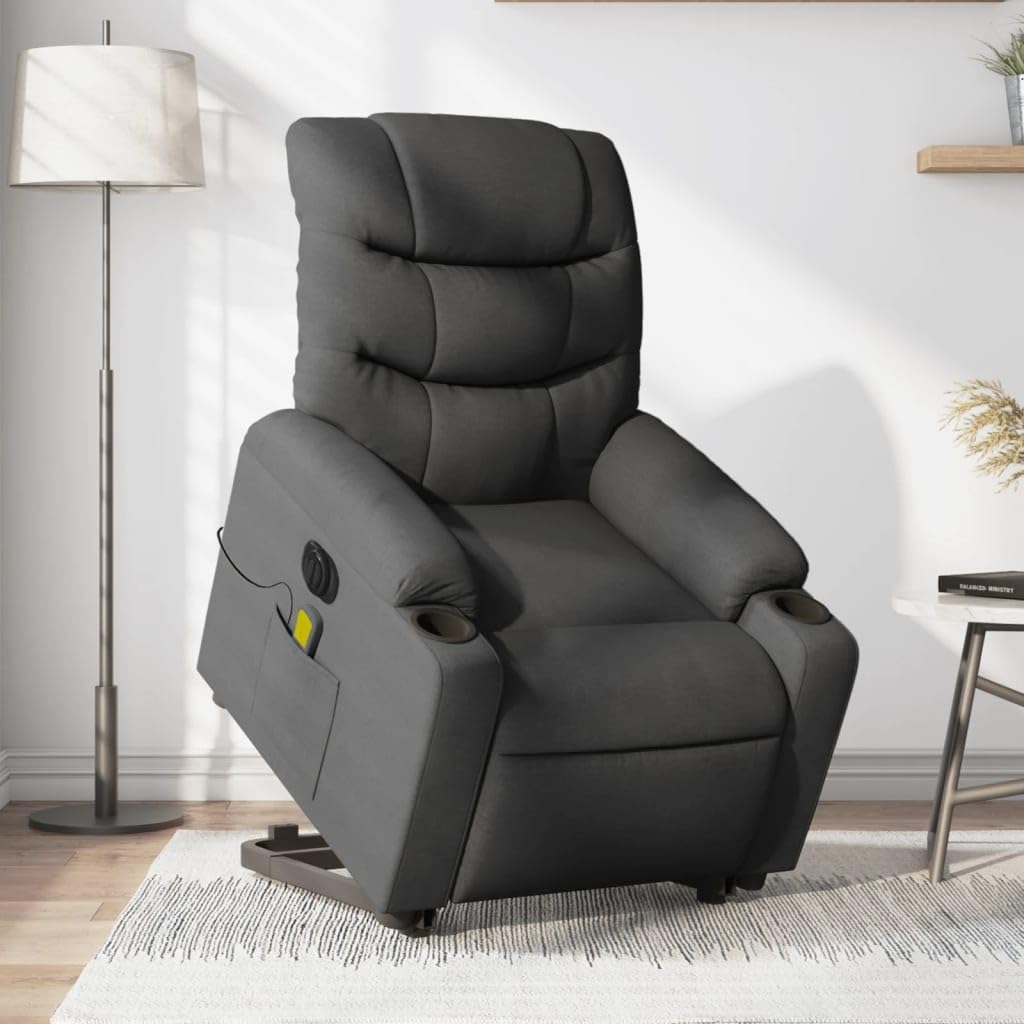 Sillón elevador eléctrico reclinable con masaje de 6 puntos, color gris oscuro, tejido para ancianos y adultos, función de elevación y vibración, cómodo asiento acolchado