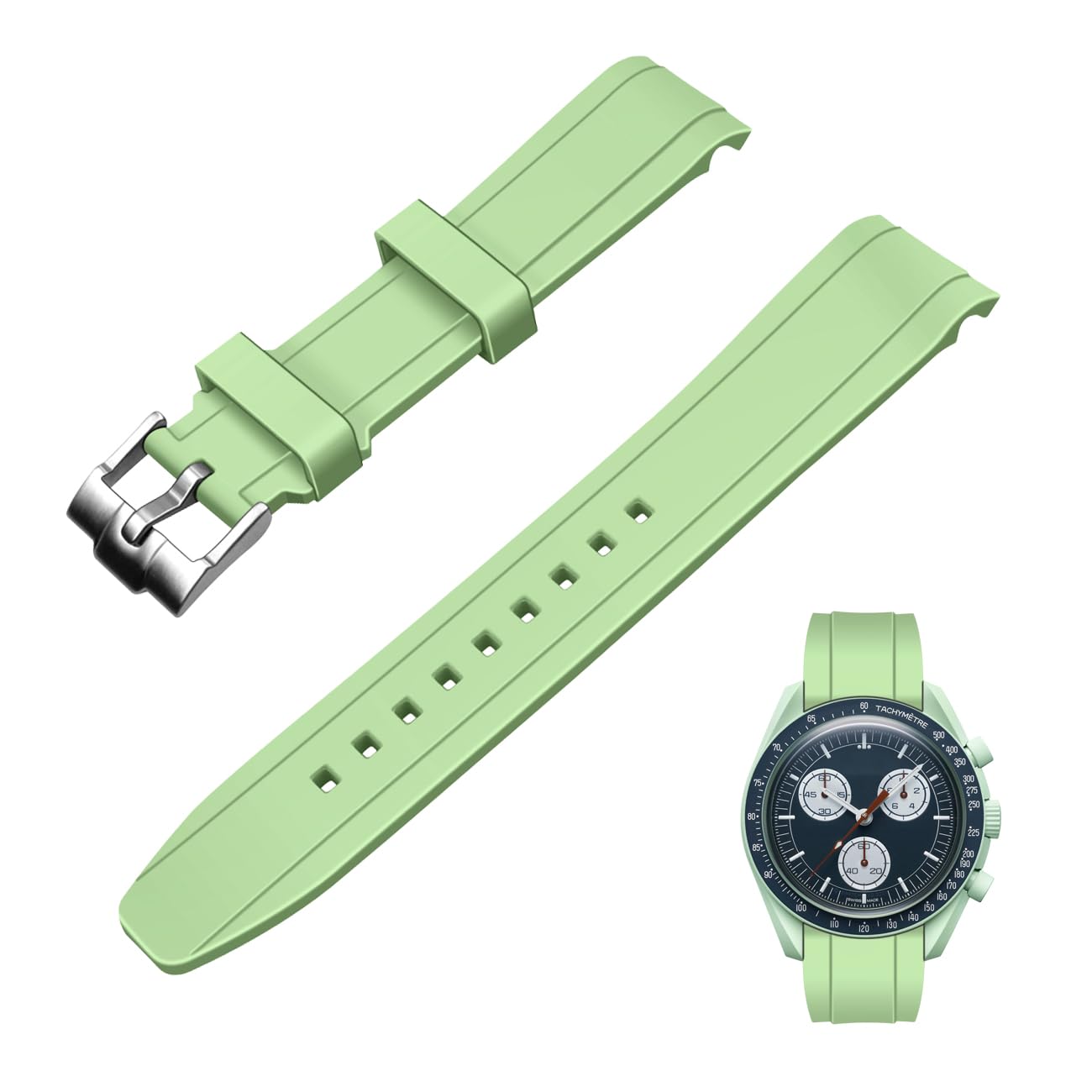 Correa de reloj curvada de silicona de 20 mm y 22 mm, correa de goma deportiva universal suave de alta calidad, hebilla de acero inoxidable cepillado para hombres y mujeres (22 mm, verde claro)