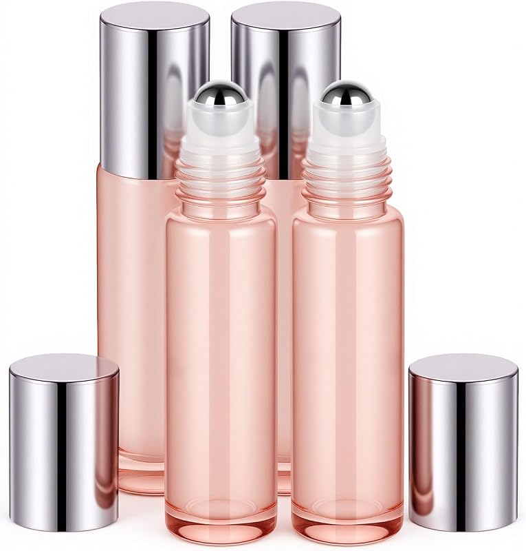 Frascos roll-on de vidro sungwoo Rose Gold para líquidos, 10 mL, pacote com 4 e funil