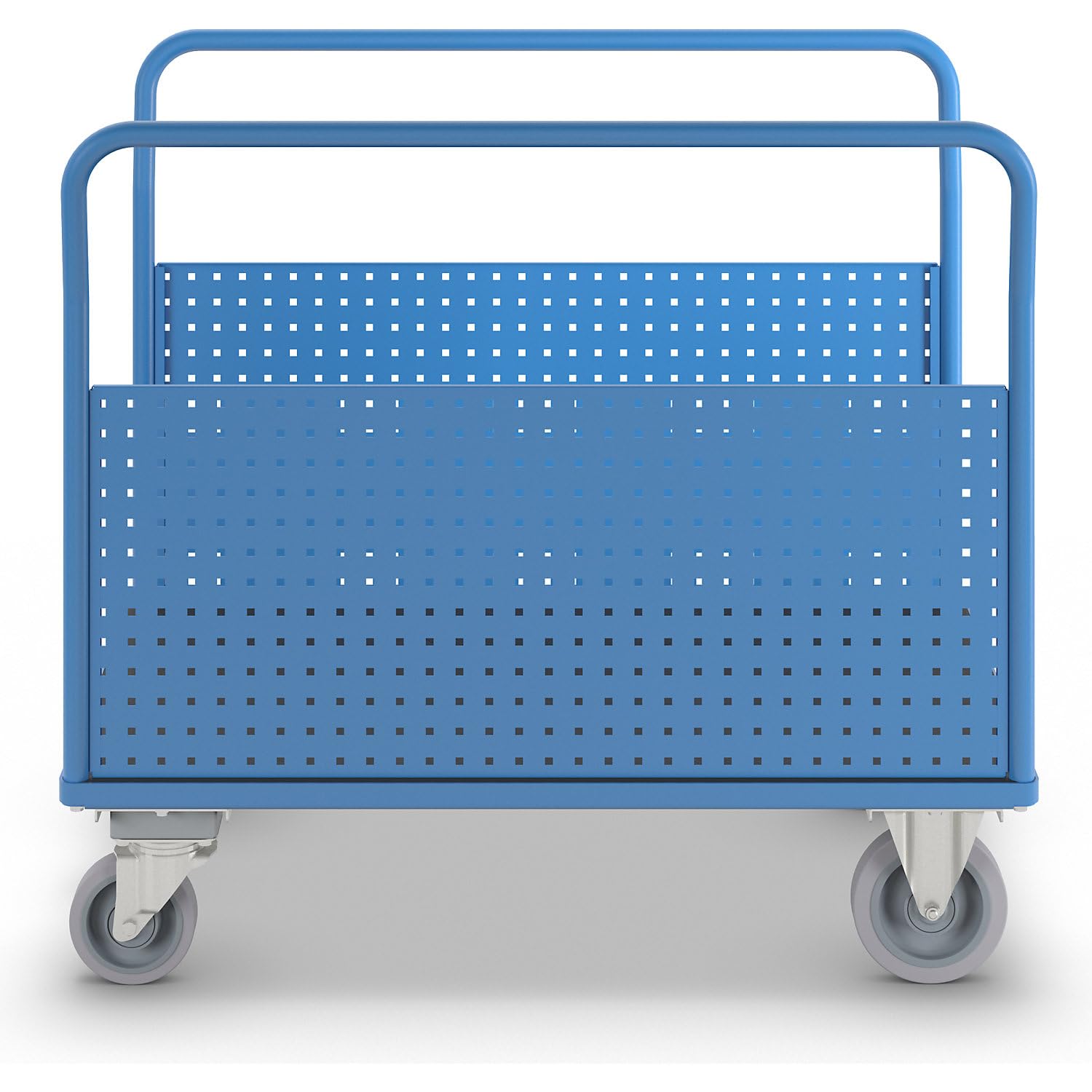 eurokraft pro | Plattformwagen | Mit 2 Lochblechseitenwänden, LxB 1250 x 800 mm, mit Zentralstopp, Vollelastik