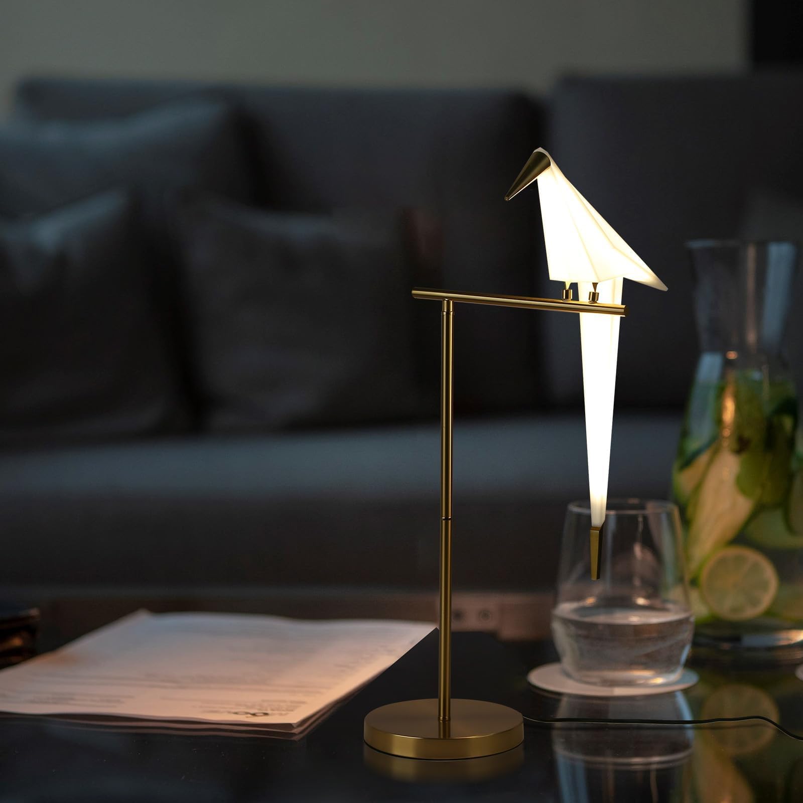 Lampada Da Tavolo Moderna Swing Bird, LED Soggiorno Lampada Da Comodino Vintage Camera Da Letto 3000K Caldo Acrilico Lettura Libro Lampada Da Scrivania Oro Carta Crane E27 Lampada Notturna