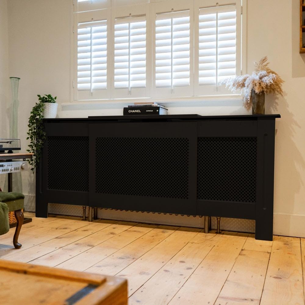 Jack Stonehouse Extra Large Radiator Cover Black Paint - Over Radiator Shelf Clip On With Diamond Slats - Sturdy MDF Wooden Radiator Covers For Bedroom Or Living Room Furniture - Slim Radiator Cover