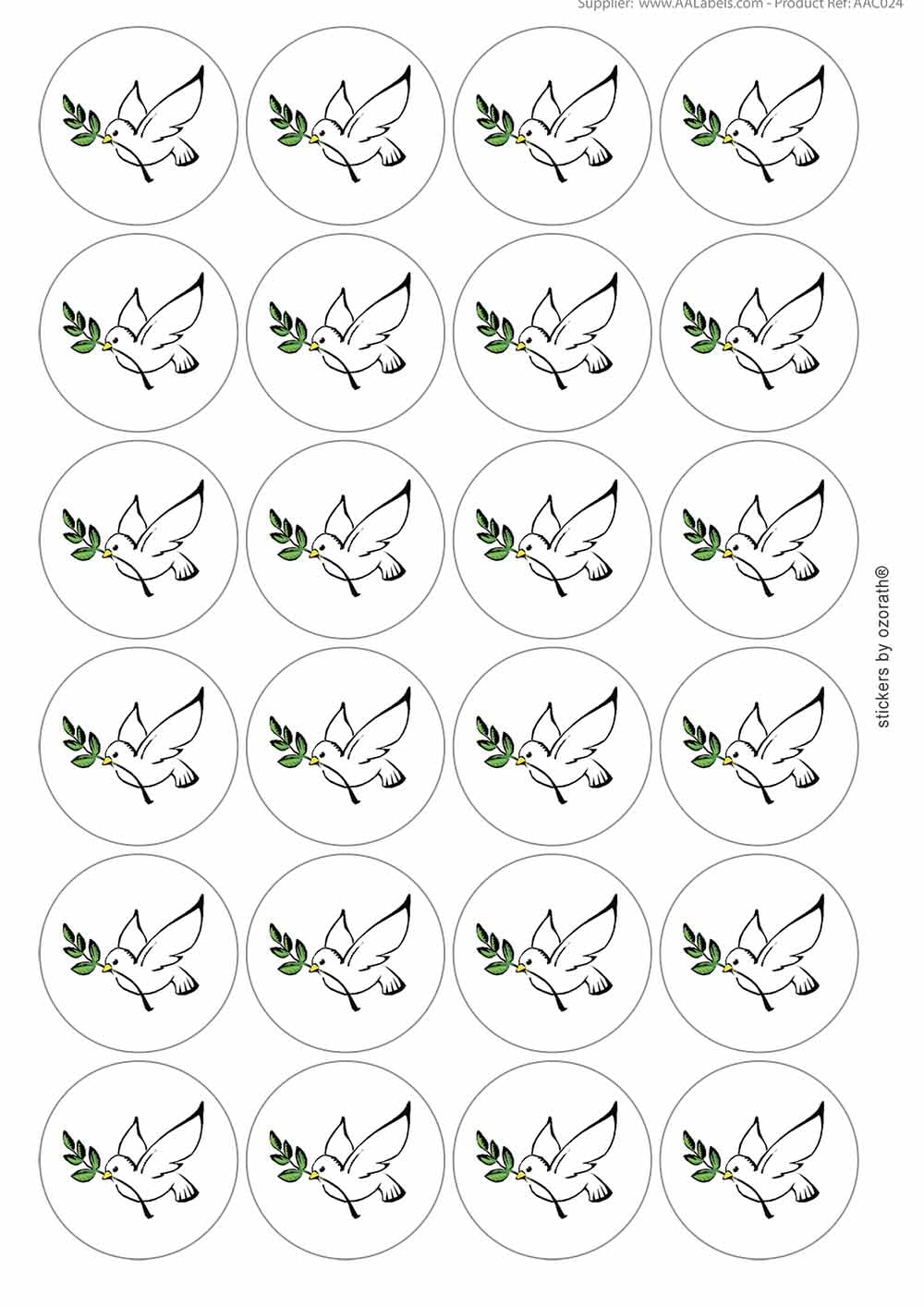 Peace Dove Circular Matt Paper Stickers A4 Sheet of 24 (Each Sticker is 45mm Diameter)